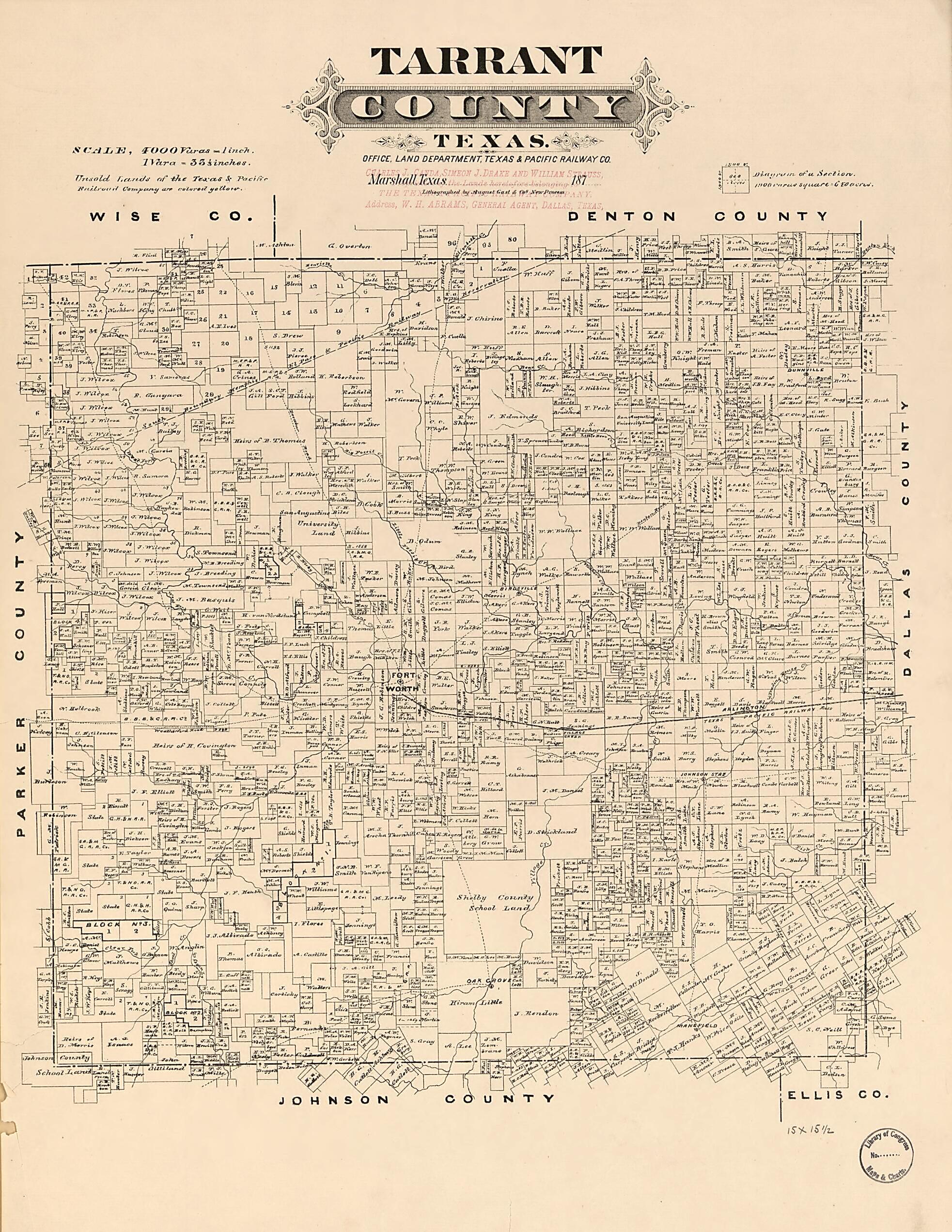 This old map of Tarrant County, Texas from 1870 was created by August Gast & Co, Texas & Pacific Railway in 1870