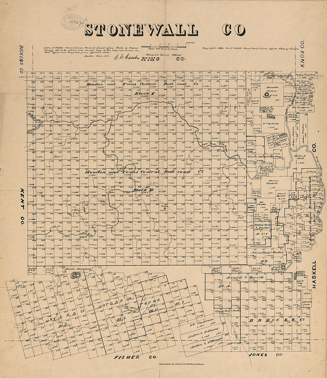 This old map of Stonewall County, Texas (Stonewall County, Texas) from 1880 was created by August Gast & Co, Texas. General Land Office, W. C. (William C.) Walsh in 1880