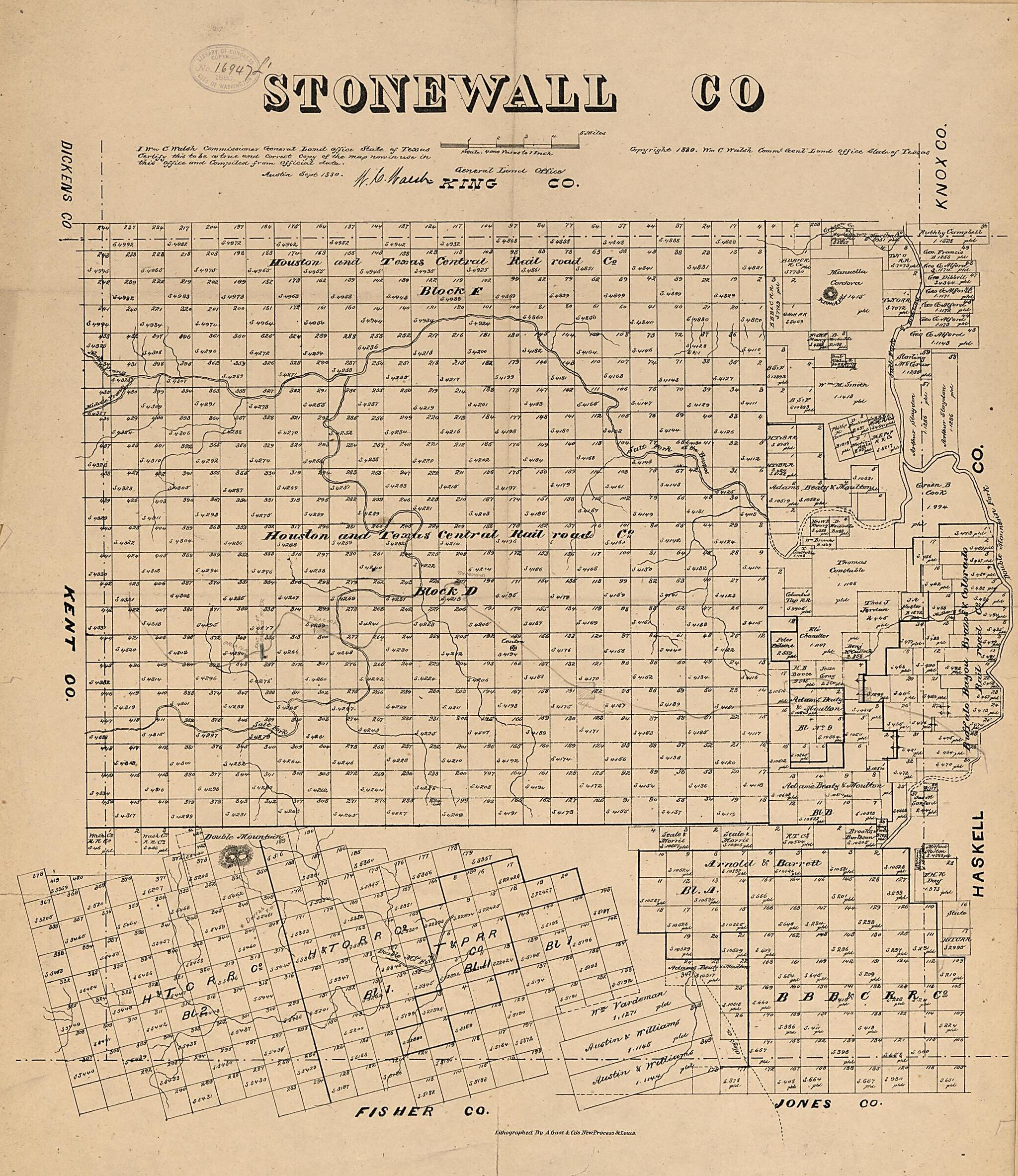 This old map of Stonewall County, Texas (Stonewall County, Texas) from 1880 was created by August Gast & Co, Texas. General Land Office, W. C. (William C.) Walsh in 1880