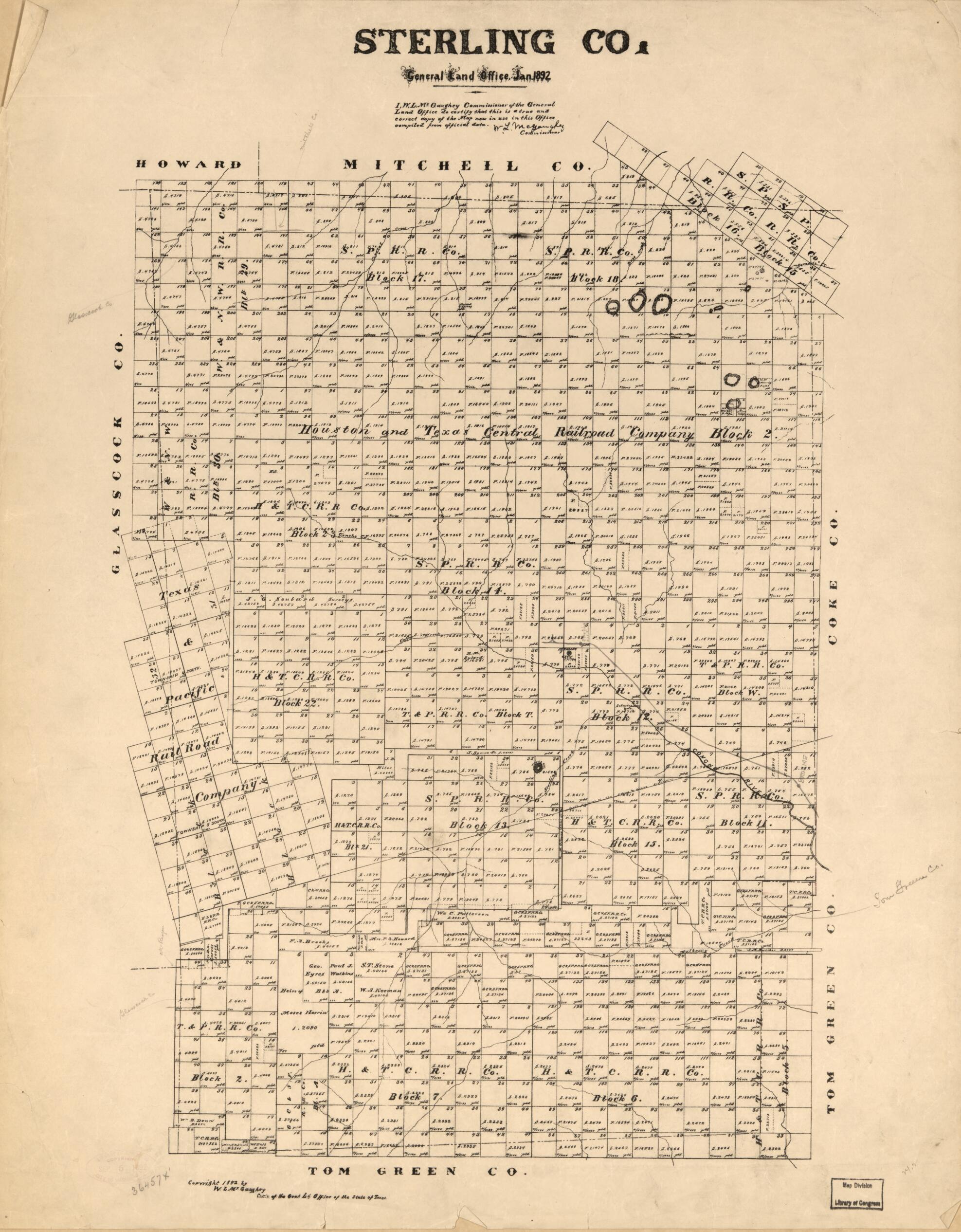 This old map of Sterling Co. (Sterling County, Texas) from 1892 was created by W. L. McGaughey, Texas. General Land Office in 1892