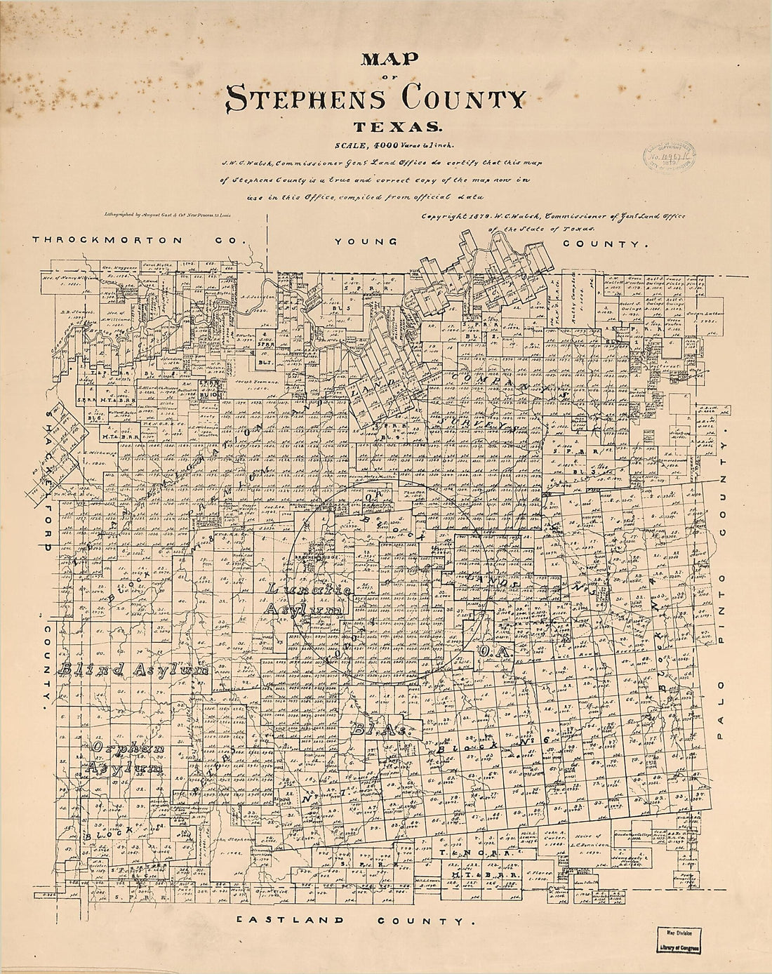 This old map of Map of Stephens County, Texas from 1879 was created by August Gast & Co, Texas. General Land Office, W. C. (William C.) Walsh in 1879