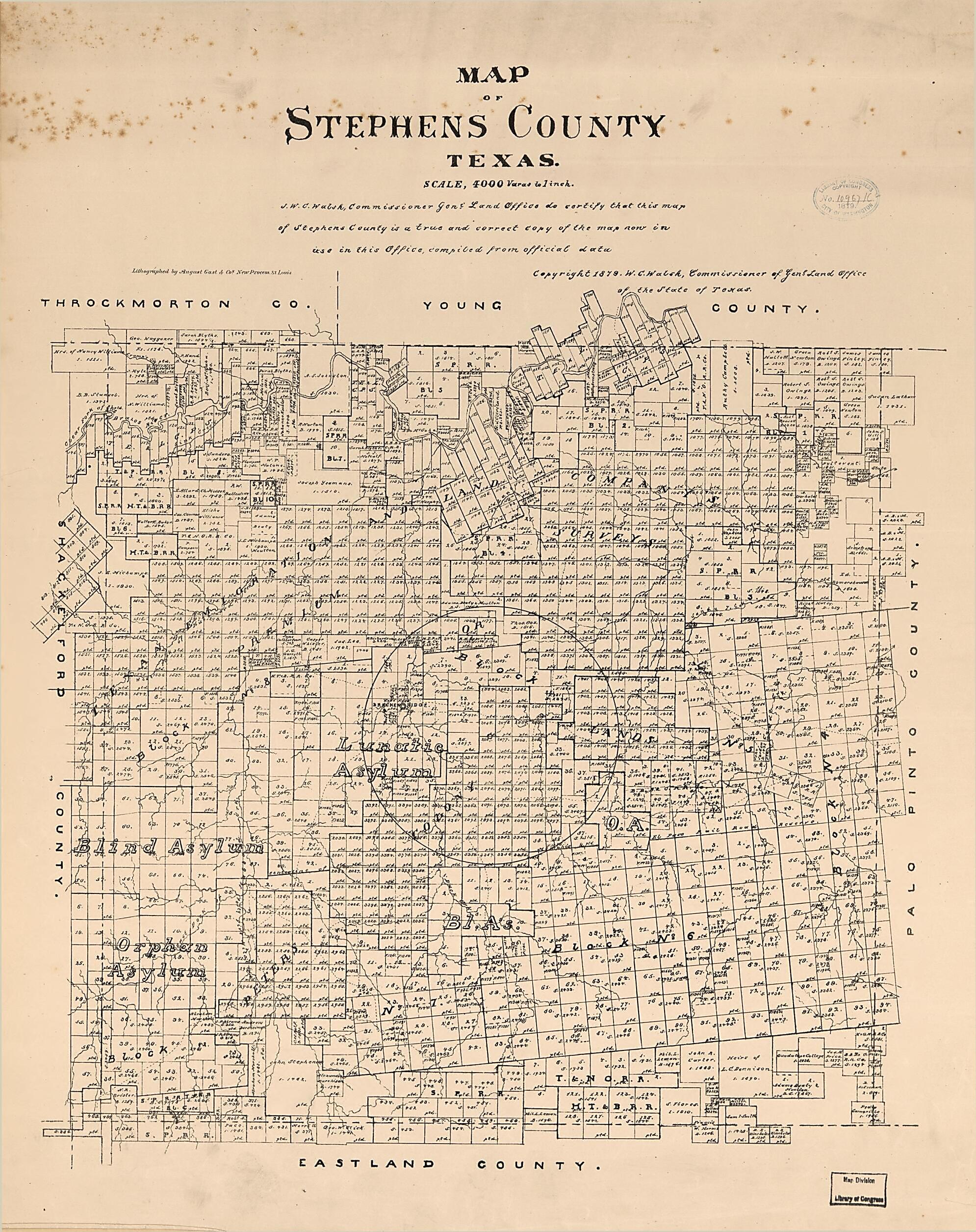 This old map of Map of Stephens County, Texas from 1879 was created by August Gast & Co, Texas. General Land Office, W. C. (William C.) Walsh in 1879