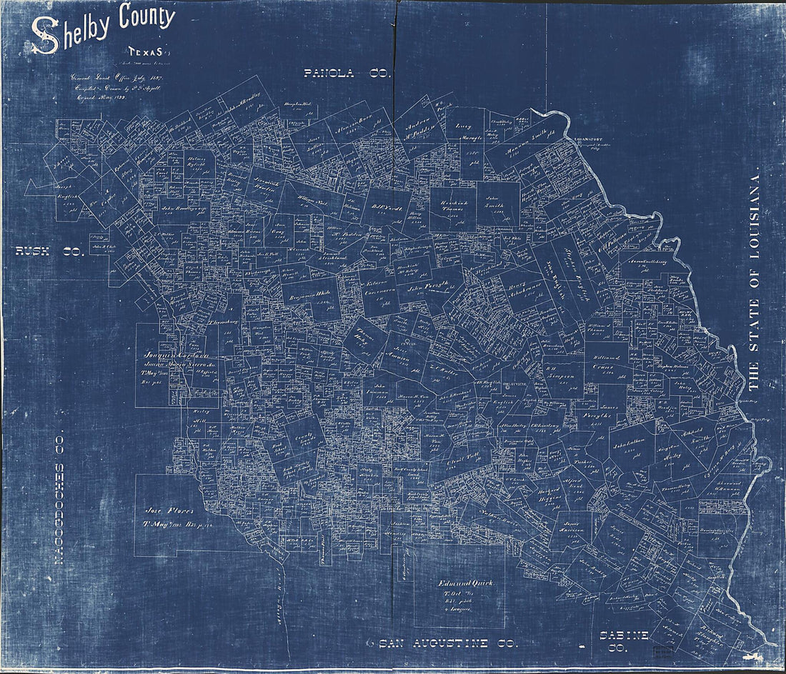 This old map of Shelby County, Texas from 1897 was created by P. F. Appell, Texas. General Land Office in 1897