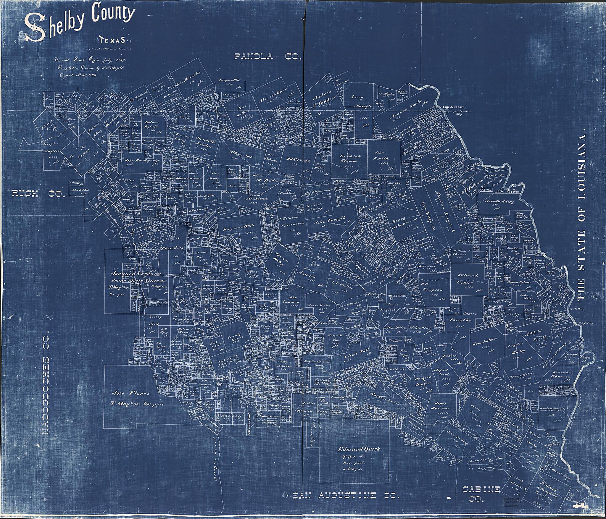 This old map of Shelby County, Texas from 1897 was created by P. F. Appell, Texas. General Land Office in 1897