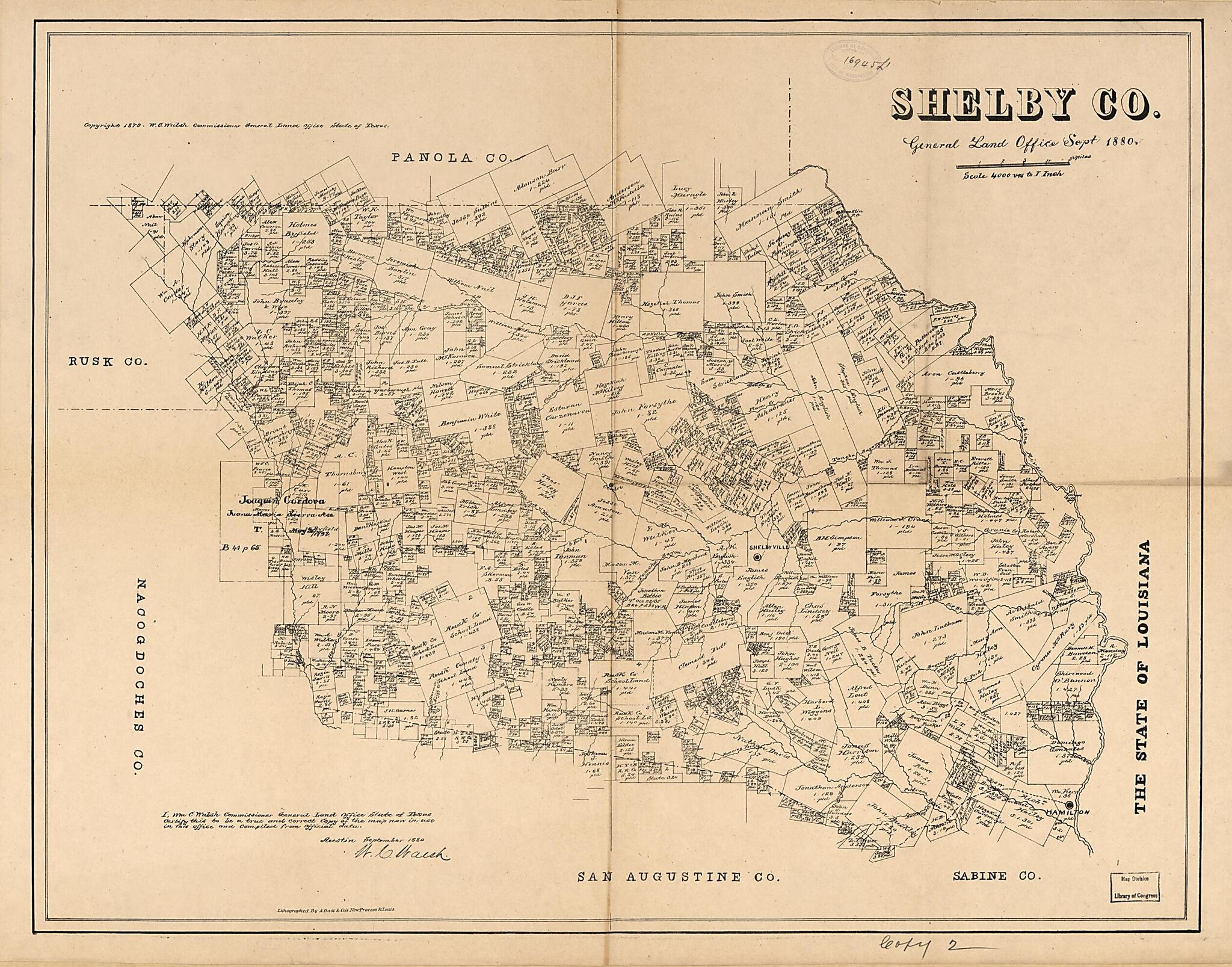 This old map of Shelby County (Shelby County, Texas) from 1880 was created by August Gast & Co, Texas. General Land Office, W. C. (William C.) Walsh in 1880