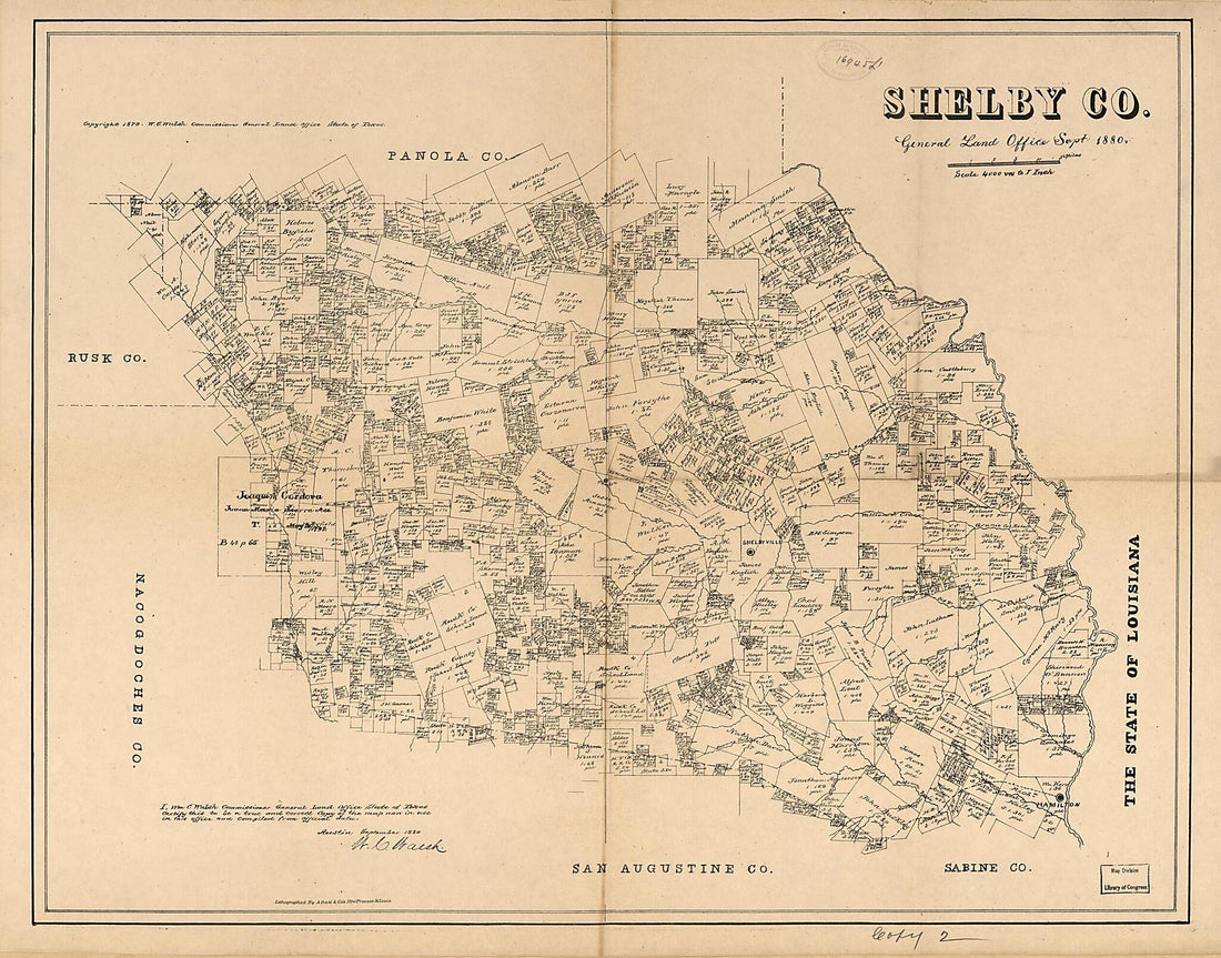 This old map of Shelby County (Shelby County, Texas) from 1880 was created by August Gast & Co, Texas. General Land Office, W. C. (William C.) Walsh in 1880