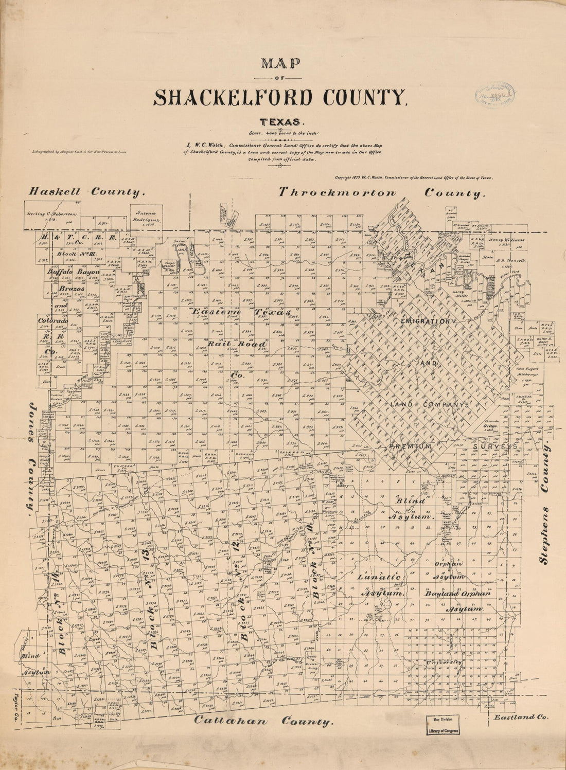 This old map of Map of Shackelford County, Texas from 1879 was created by August Gast & Co, Texas. General Land Office, W. C. (William C.) Walsh in 1879