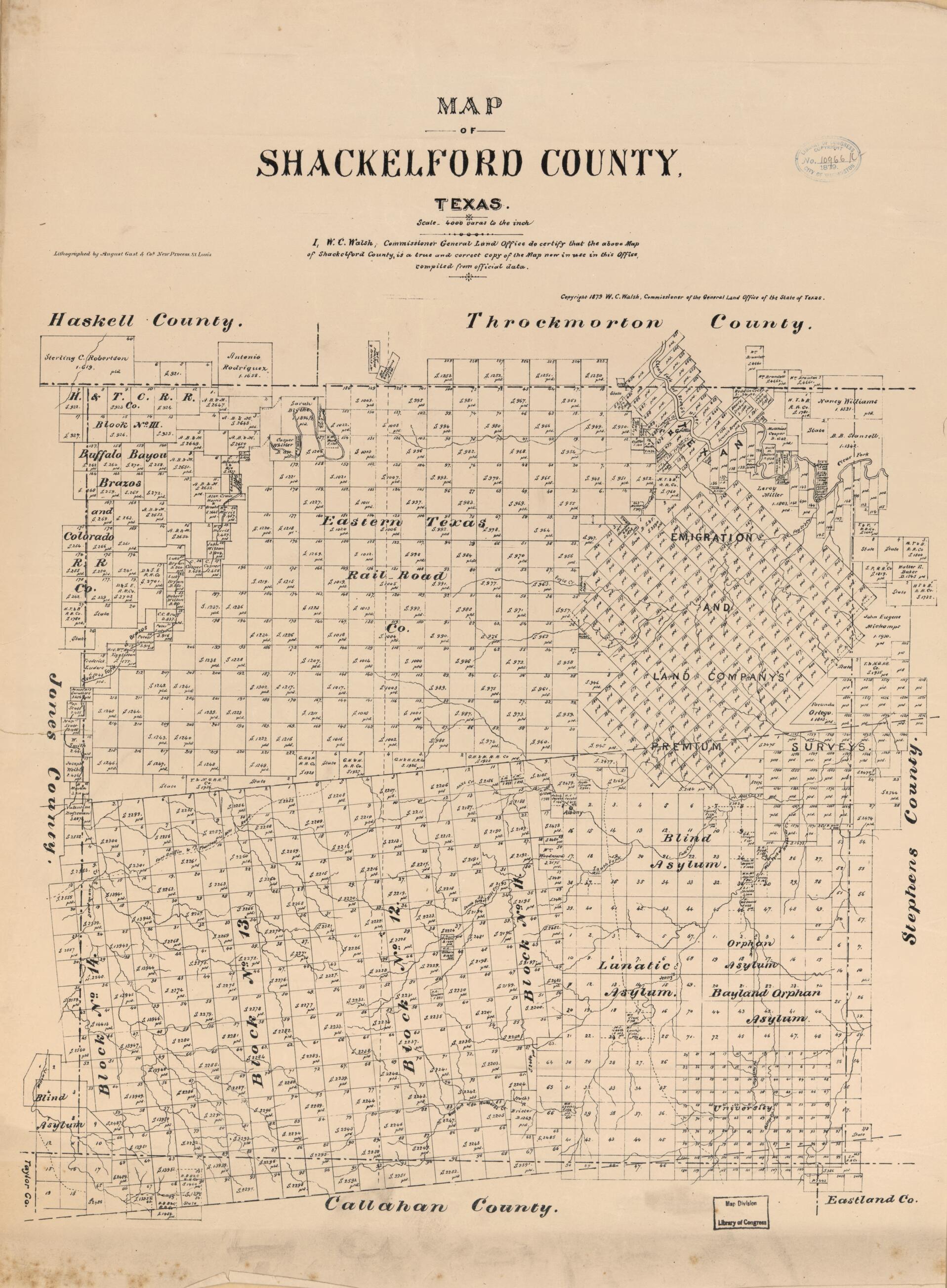 This old map of Map of Shackelford County, Texas from 1879 was created by August Gast & Co, Texas. General Land Office, W. C. (William C.) Walsh in 1879