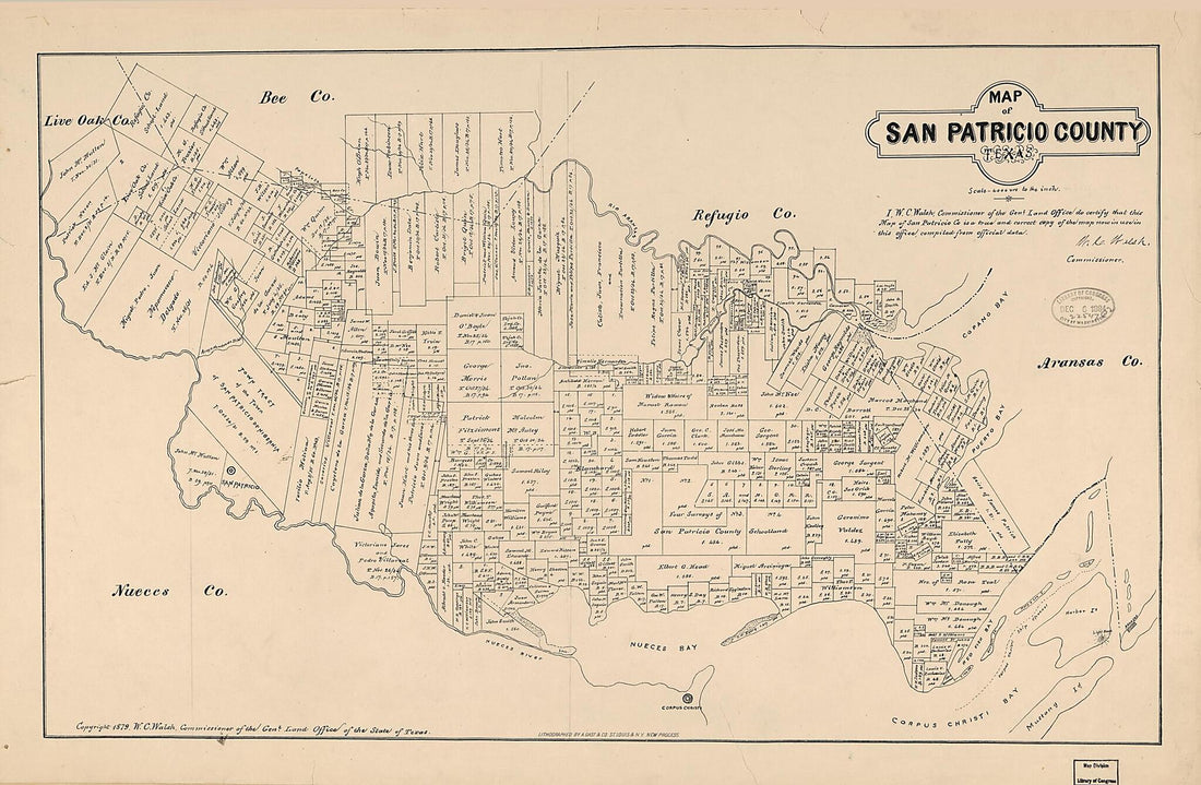 This old map of Map of San Patricio County, Texas from 1879 was created by August Gast & Co, Texas. General Land Office, W. C. (William C.) Walsh in 1879