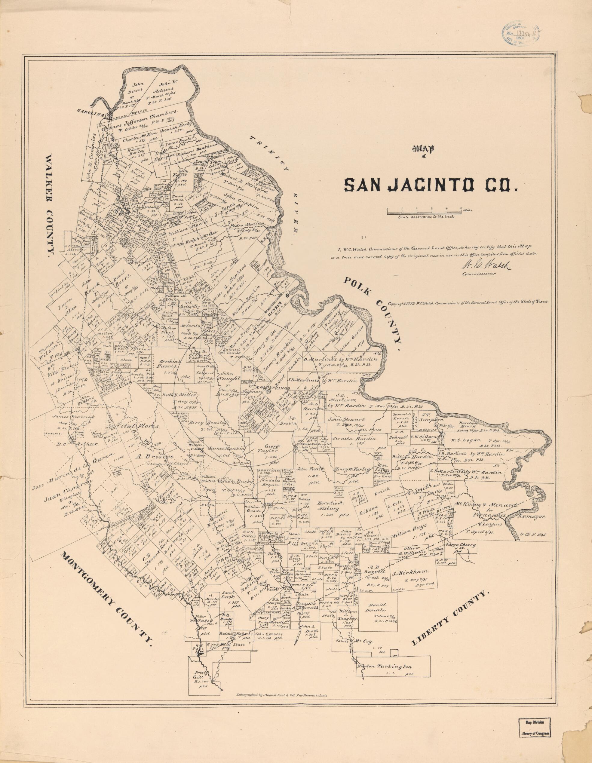 This old map of Map of San Jacinto Co. (Map of San Jacinto County, Texas) from 1879 was created by August Gast & Co, Texas. General Land Office, W. C. (William C.) Walsh in 1879