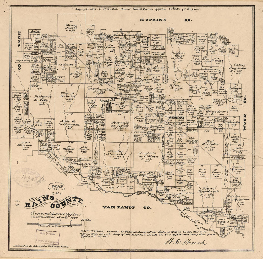 This old map of Map of Rains County, Texas from 1880 was created by August Gast & Co, Texas. General Land Office, W. C. (William C.) Walsh in 1880