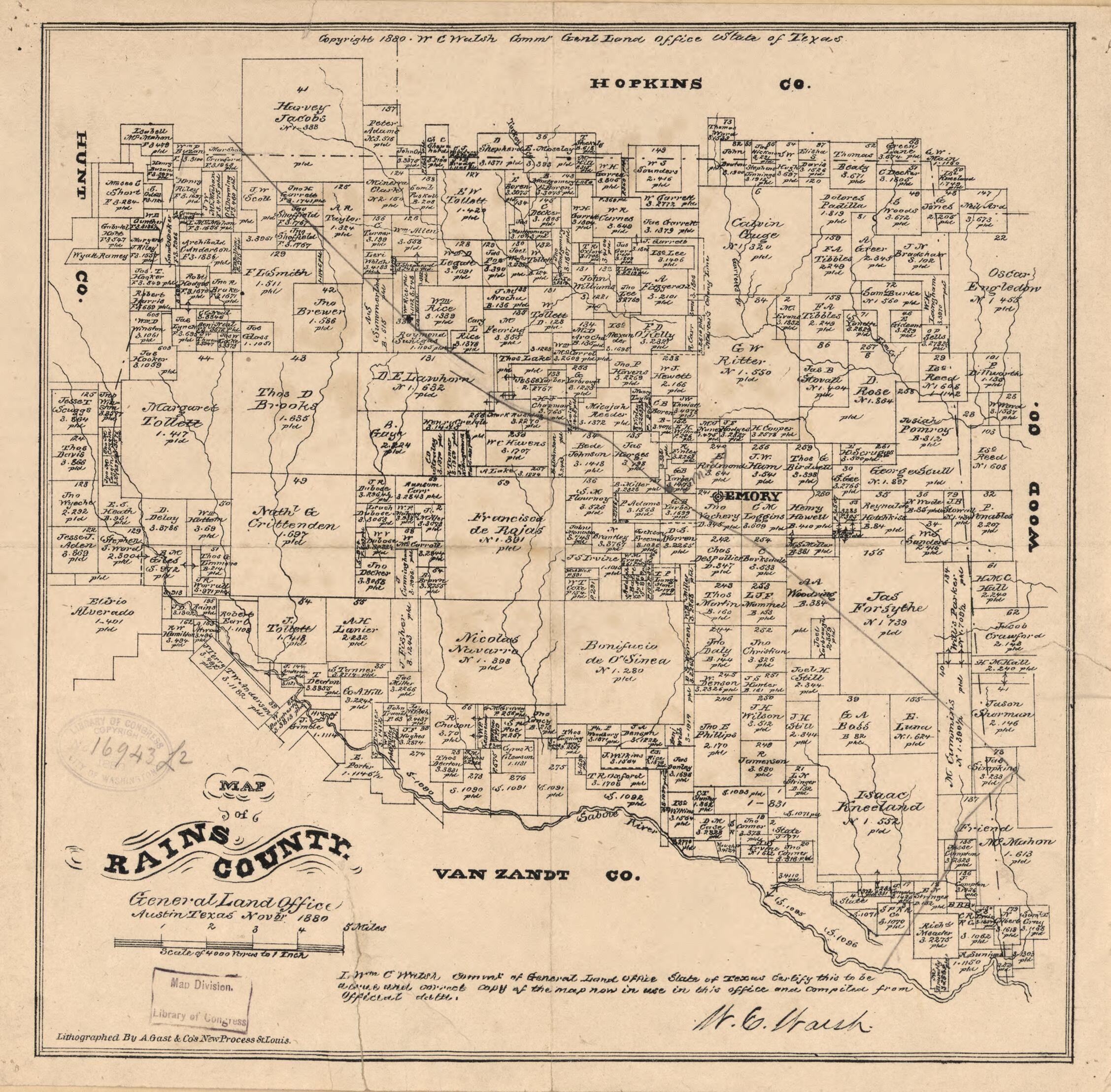 This old map of Map of Rains County, Texas from 1880 was created by August Gast & Co, Texas. General Land Office, W. C. (William C.) Walsh in 1880