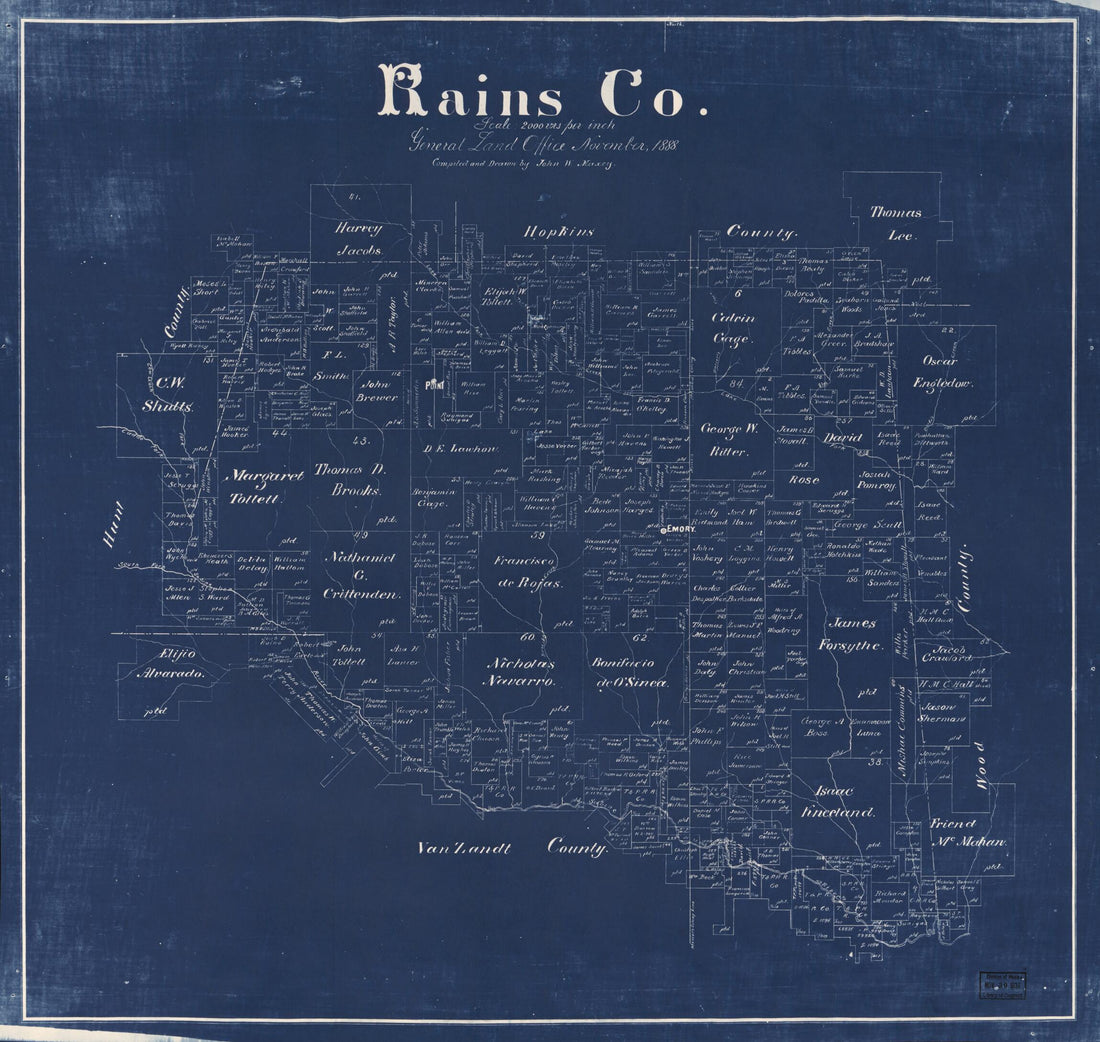 This old map of Rains Co. (Rains County, Texas) from 1888 was created by John W. Maxey, Texas. General Land Office in 1888