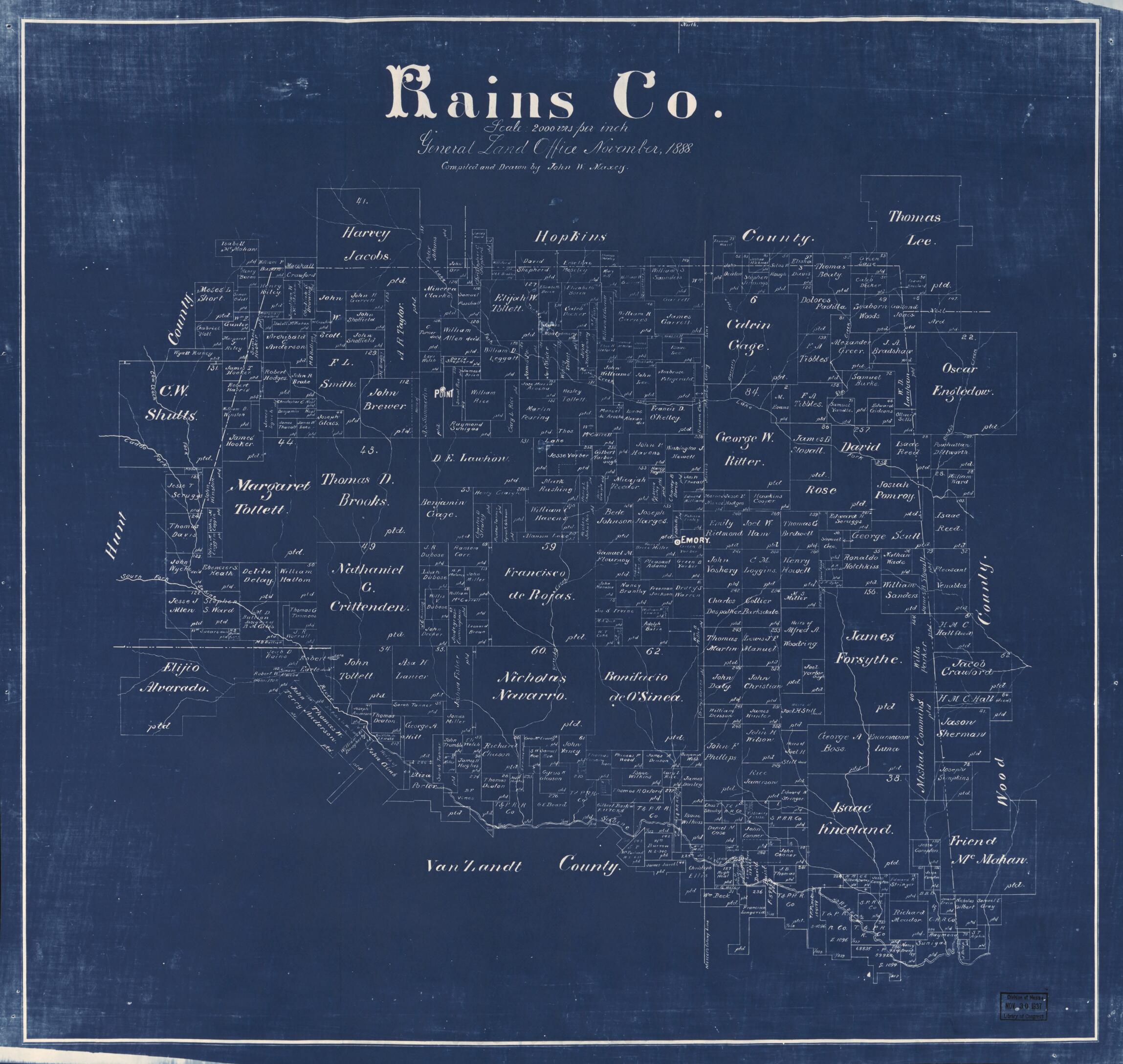 This old map of Rains Co. (Rains County, Texas) from 1888 was created by John W. Maxey, Texas. General Land Office in 1888