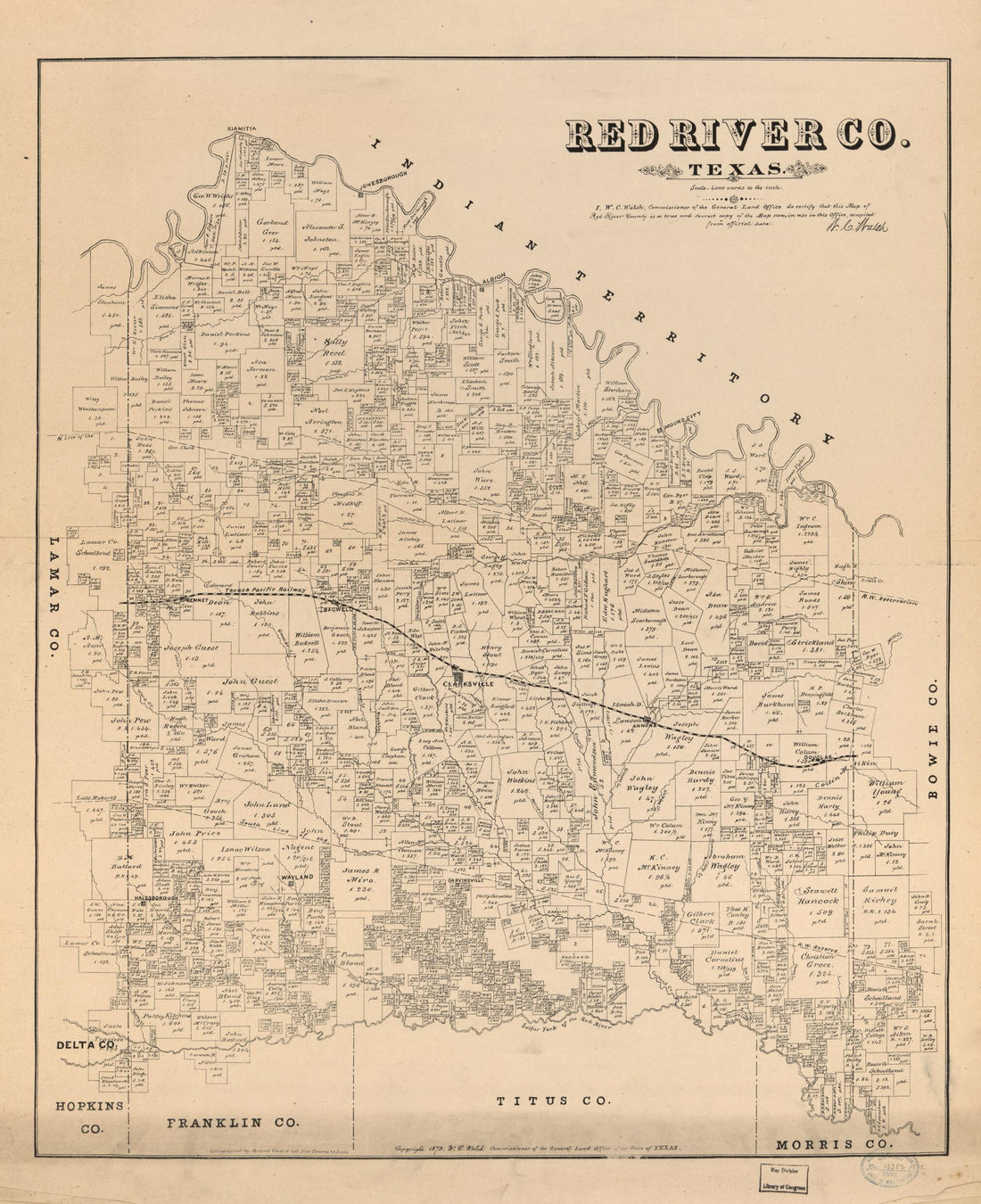 This old map of Red River Co., Texas (Red River County, Texas) from 1879 was created by August Gast & Co, Texas. General Land Office, W. C. (William C.) Walsh in 1879
