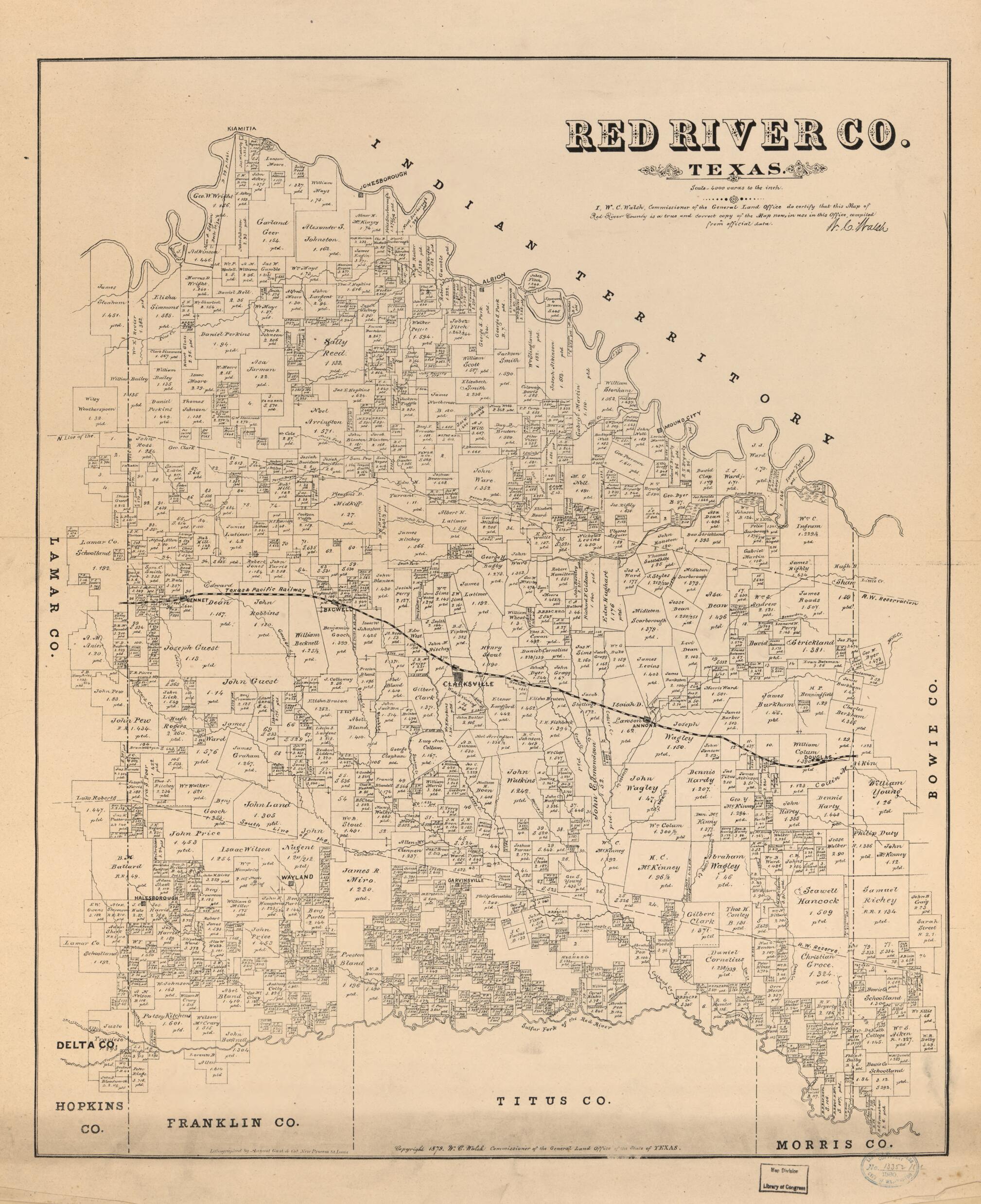 This old map of Red River Co., Texas (Red River County, Texas) from 1879 was created by August Gast & Co, Texas. General Land Office, W. C. (William C.) Walsh in 1879