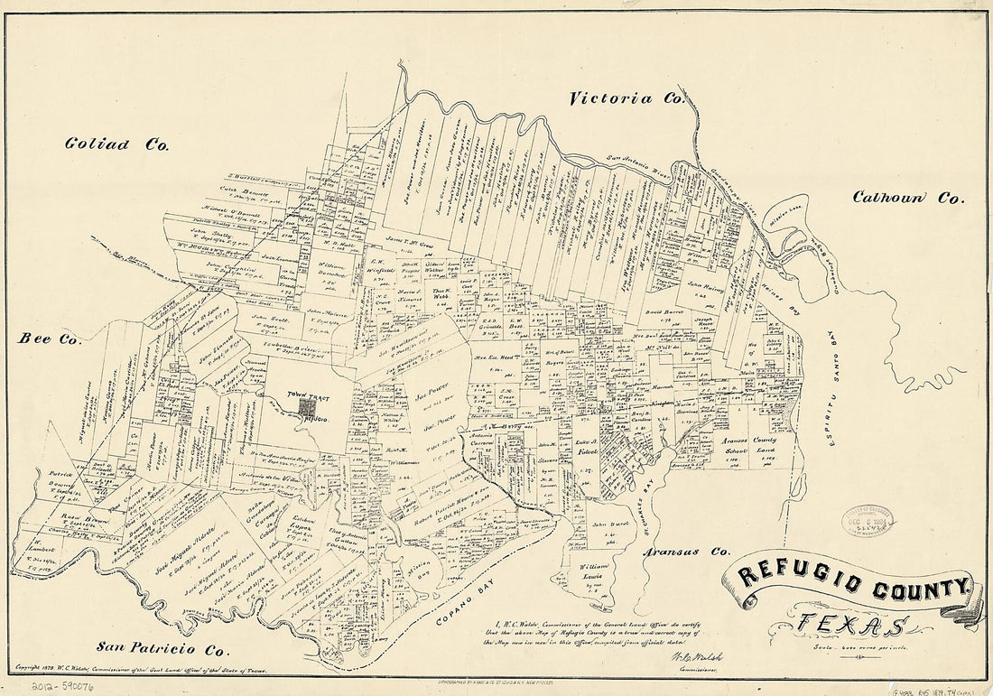 This old map of Refugio County, Texas from 1879 was created by August Gast & Co, Texas. General Land Office, W. C. (William C.) Walsh in 1879