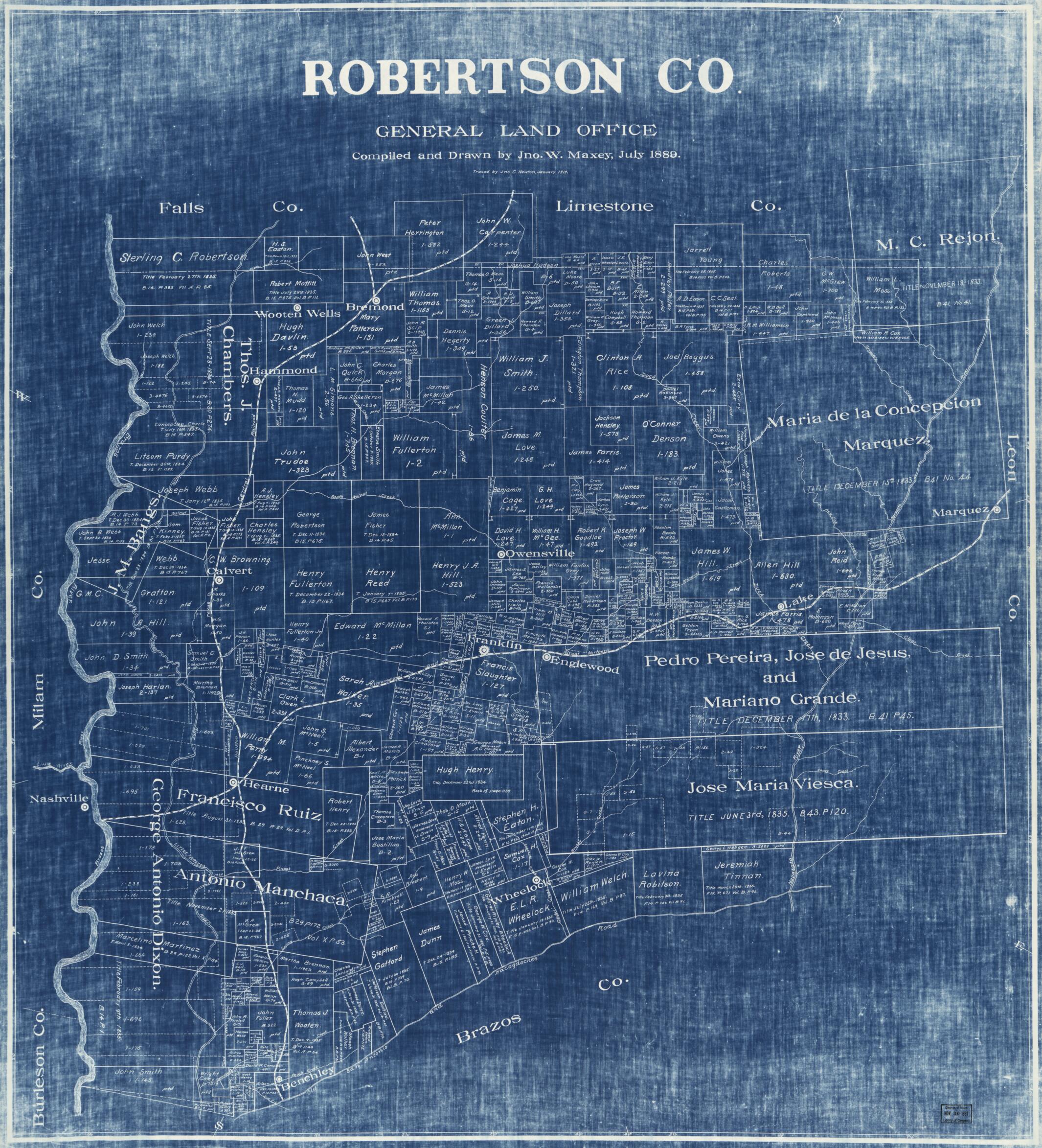 This old map of Robertson Co. (Robertson County, Texas) from 1889 was created by John W. Maxey, Texas. General Land Office in 1889