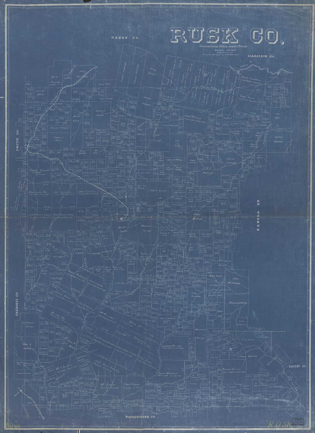 This old map of Rusk Co., Texas (Rusk County, Texas) from 1895 was created by Chas. W. Pressler, Texas. General Land Office in 1895
