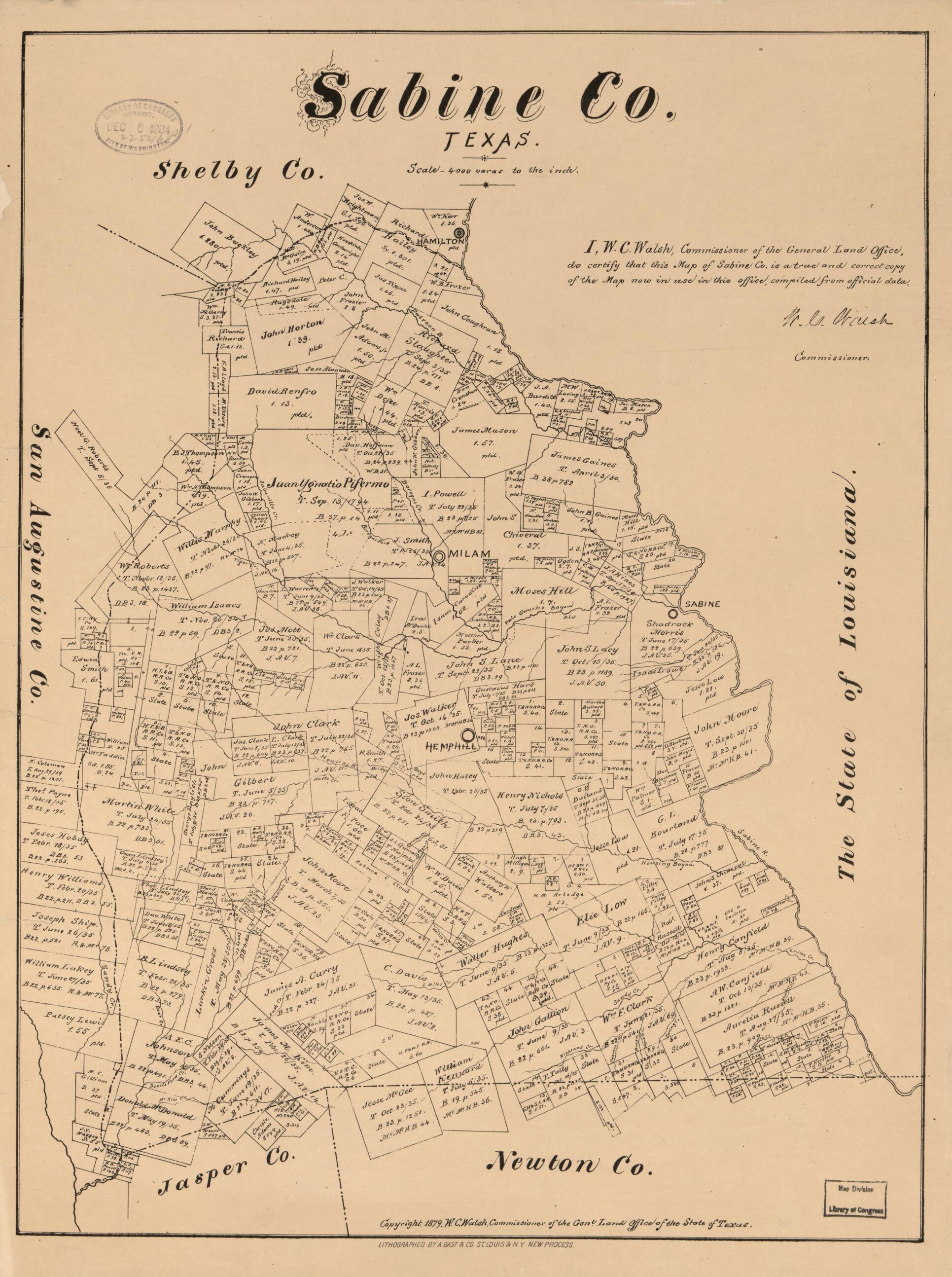 This old map of Sabine Co. Texas (Sabine County, Texas) from 1879 was created by August Gast & Co, Texas. General Land Office, W. C. (William C.) Walsh in 1879