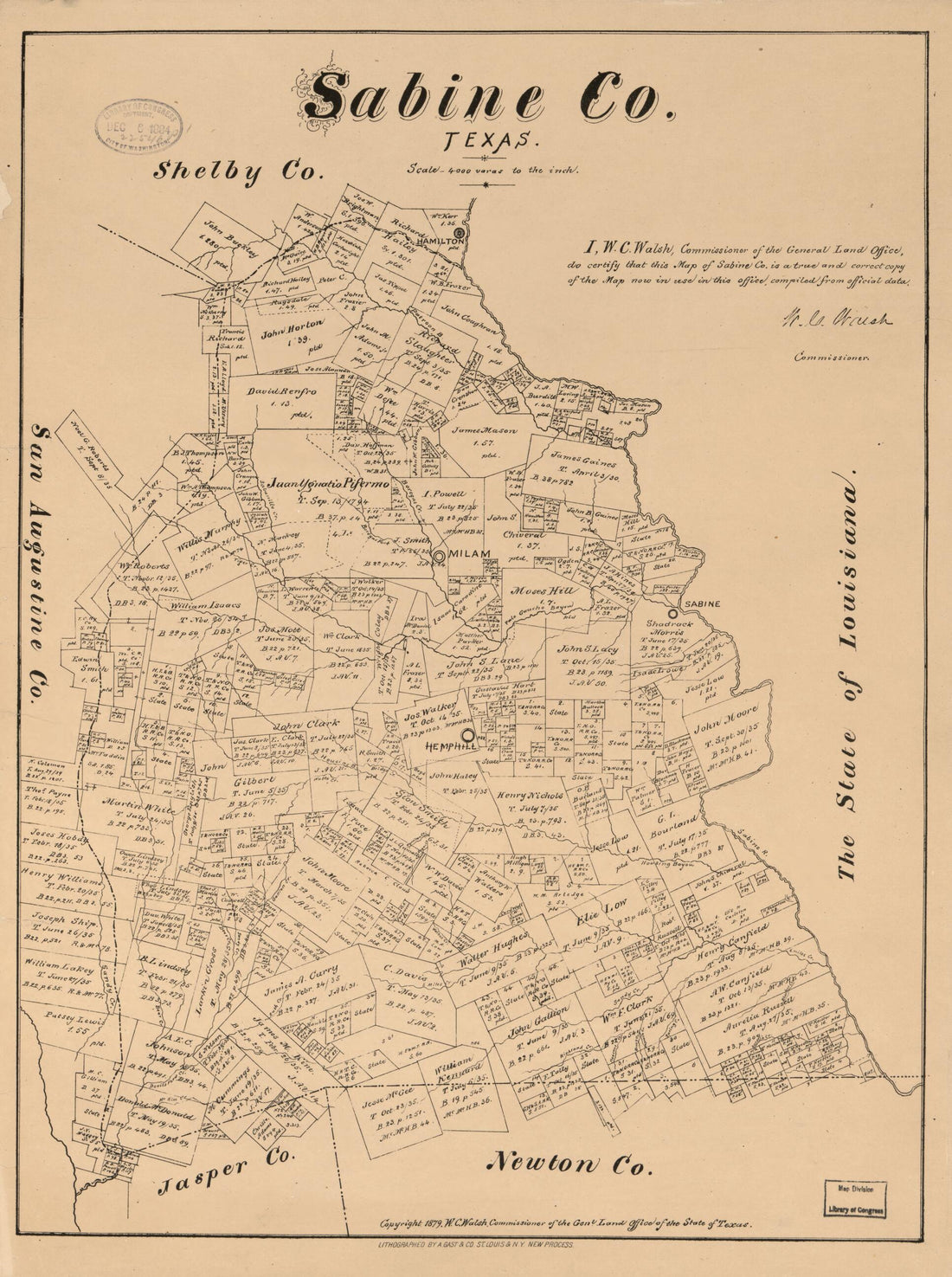 This old map of Sabine Co. Texas (Sabine County, Texas) from 1879 was created by August Gast & Co, Texas. General Land Office, W. C. (William C.) Walsh in 1879