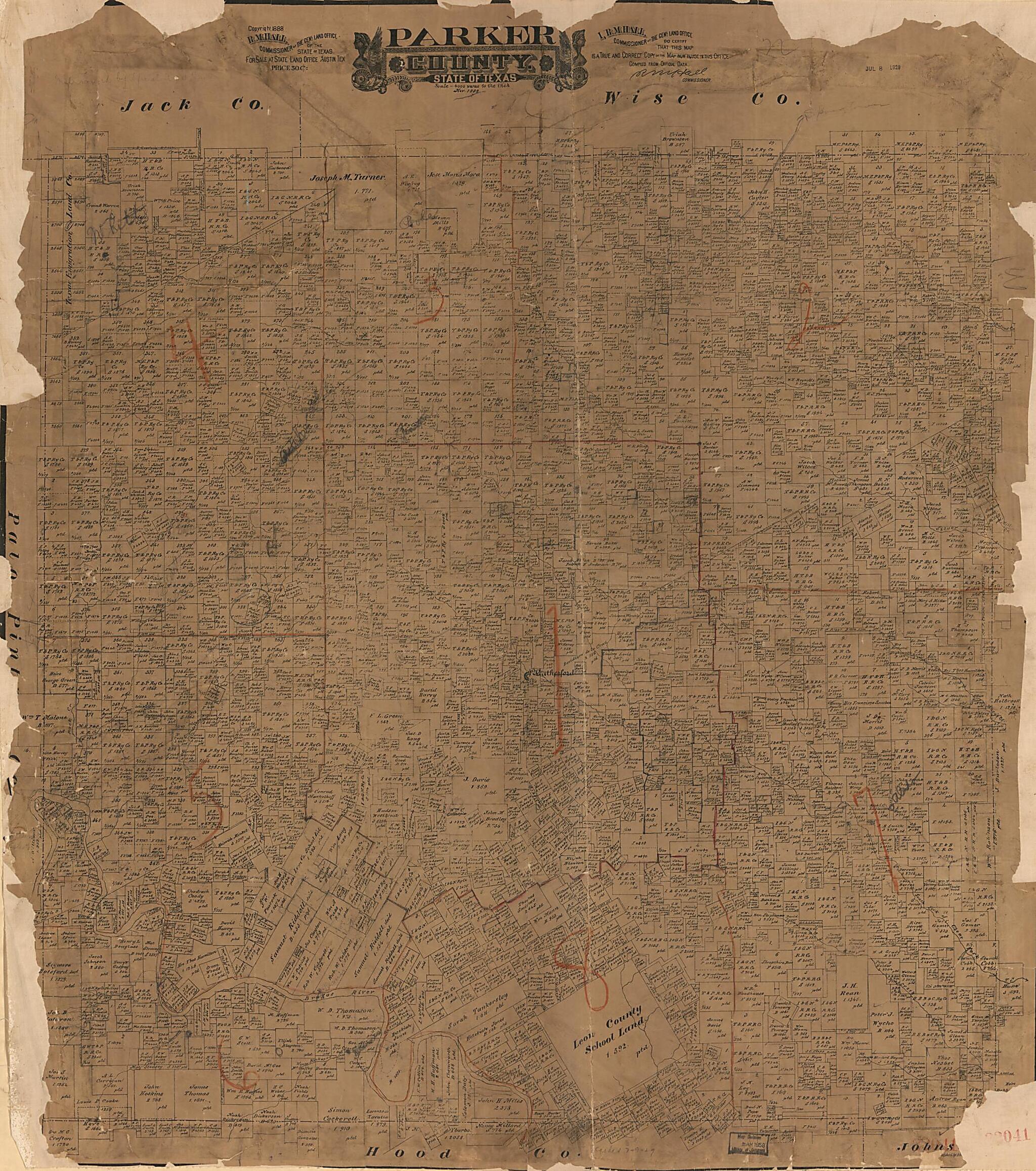 This old map of Parker County, State of Texas from 1889 was created by August Gast & Co, R. M. Hall, Texas. General Land Office in 1889