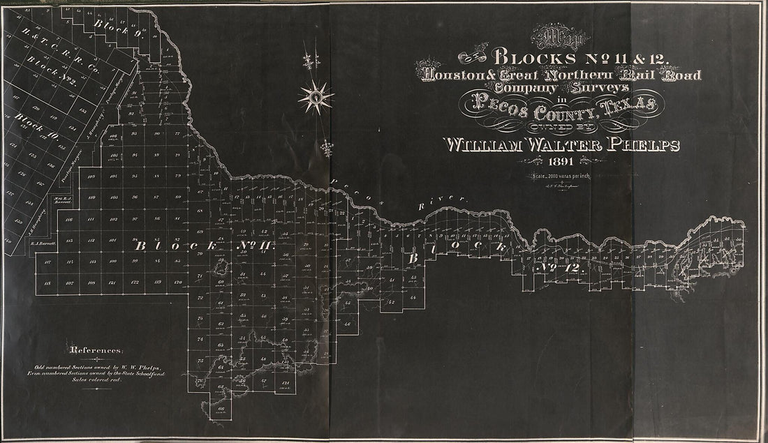 This old map of Map of Blocks No. 11 & 12, Houston and Great Northern Rail Road Company Survey In Pecos County, Texas from 1891 was created by F. G. Blau, William Walter Phelps in 1891