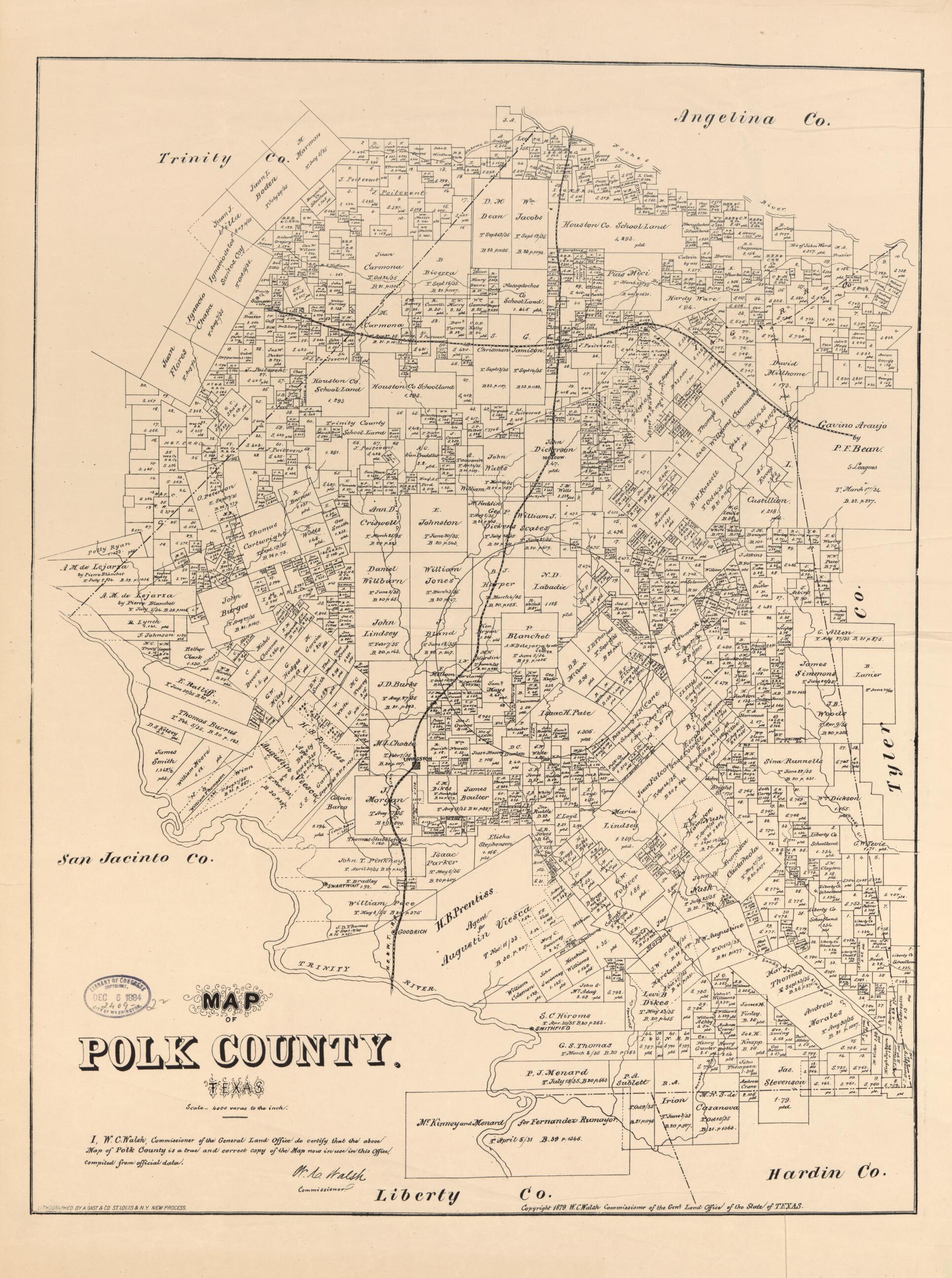 This old map of Map of Polk County, Texas from 1879 was created by August Gast & Co, Texas. General Land Office, W. C. (William C.) Walsh in 1879
