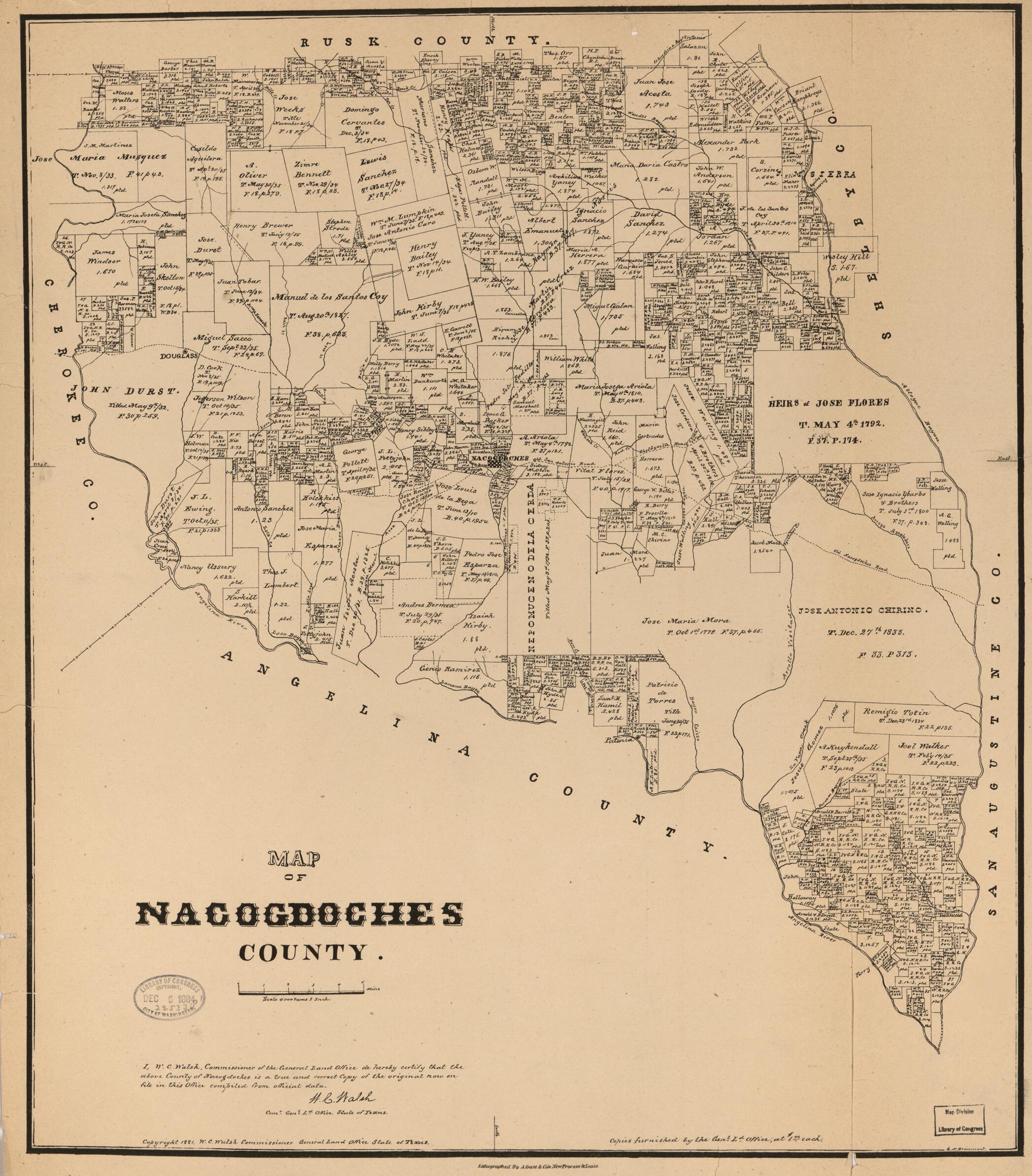 This old map of Map of Nacogdoches County from 1881 was created by August Gast & Co, Texas. General Land Office, W. C. (William C.) Walsh in 1881