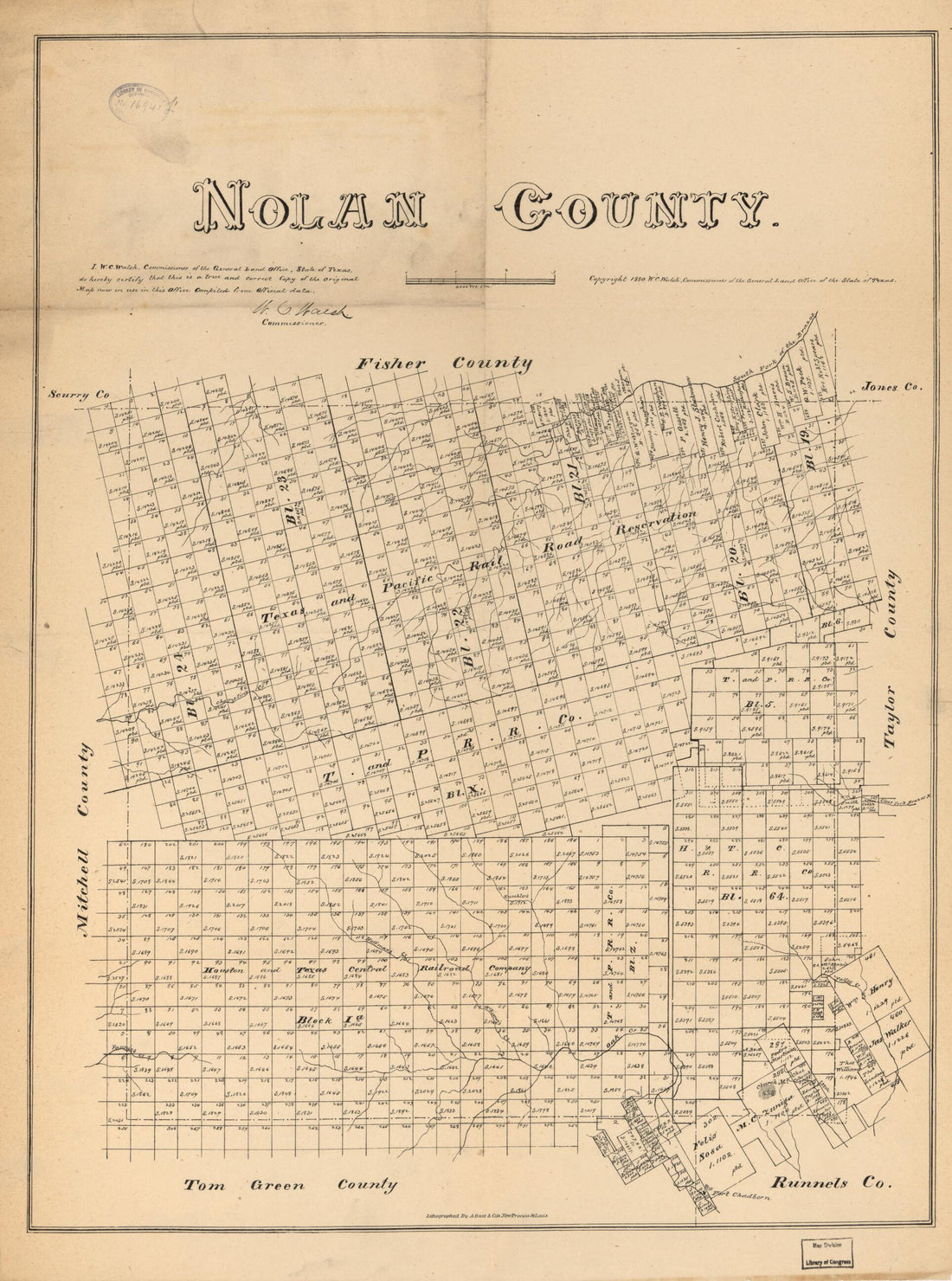 This old map of Nolan County from 1880 was created by August Gast & Co, Texas. General Land Office, W. C. (William C.) Walsh in 1880