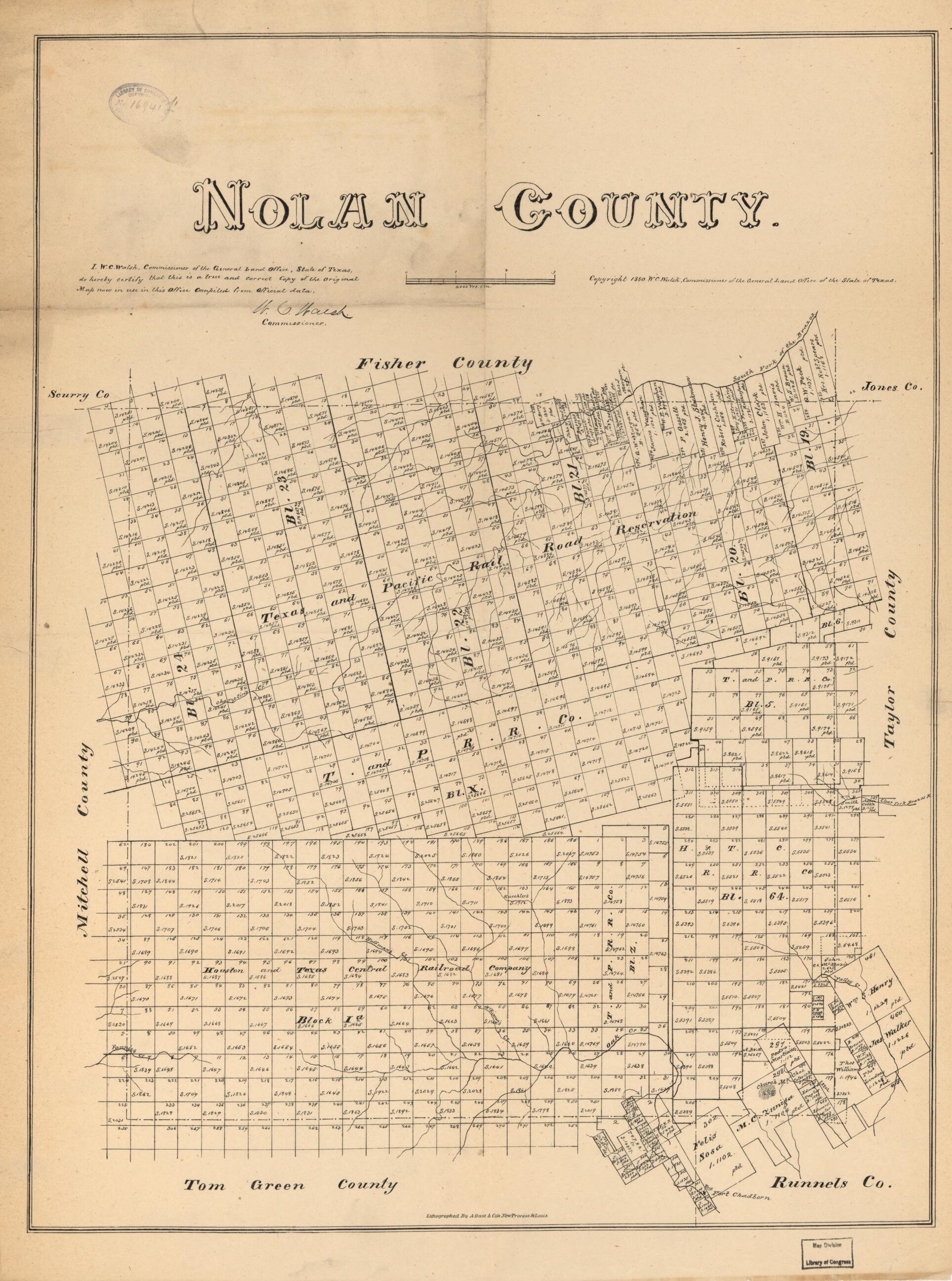 This old map of Nolan County from 1880 was created by August Gast & Co, Texas. General Land Office, W. C. (William C.) Walsh in 1880