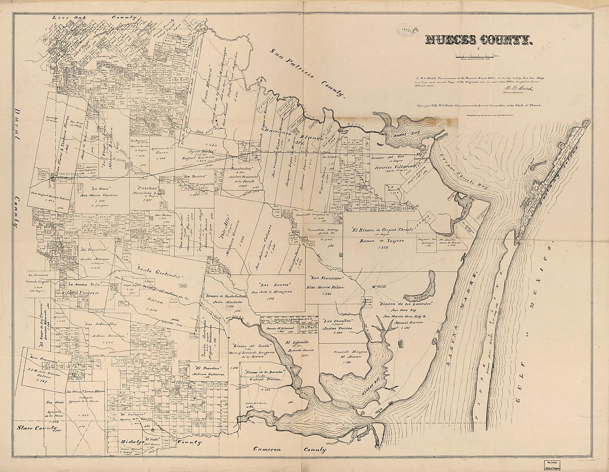 This old map of Nueces County from 1879 was created by August Gast & Co, W. C. (William C.) Walsh in 1879