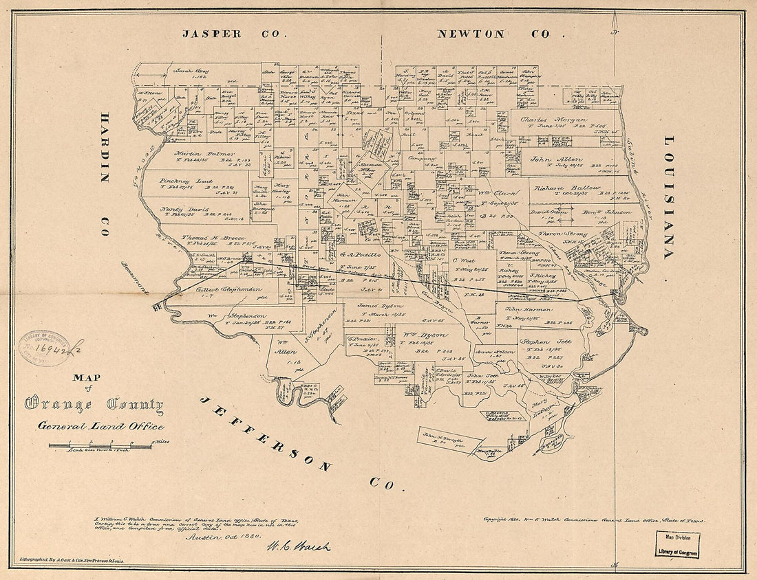 This old map of Map of Orange County from 1880 was created by August Gast & Co, Texas. General Land Office, W. C. (William C.) Walsh in 1880