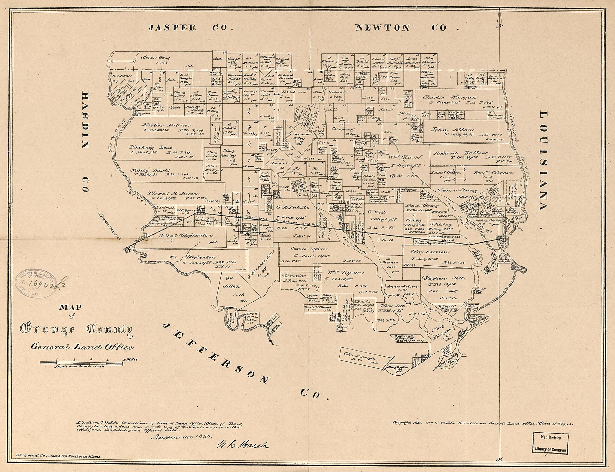 This old map of Map of Orange County from 1880 was created by August Gast & Co, Texas. General Land Office, W. C. (William C.) Walsh in 1880
