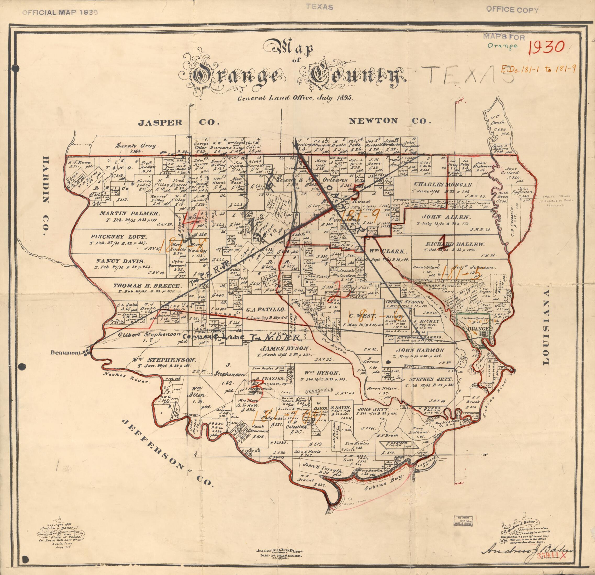 This old map of Map of Orange County from 1895 was created by August Gast & Co, Andrew J. (Andrew Jackson) Baker, Texas. General Land Office in 1895