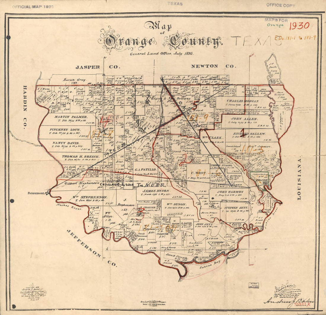 This old map of Map of Orange County from 1895 was created by August Gast & Co, Andrew J. (Andrew Jackson) Baker, Texas. General Land Office in 1895