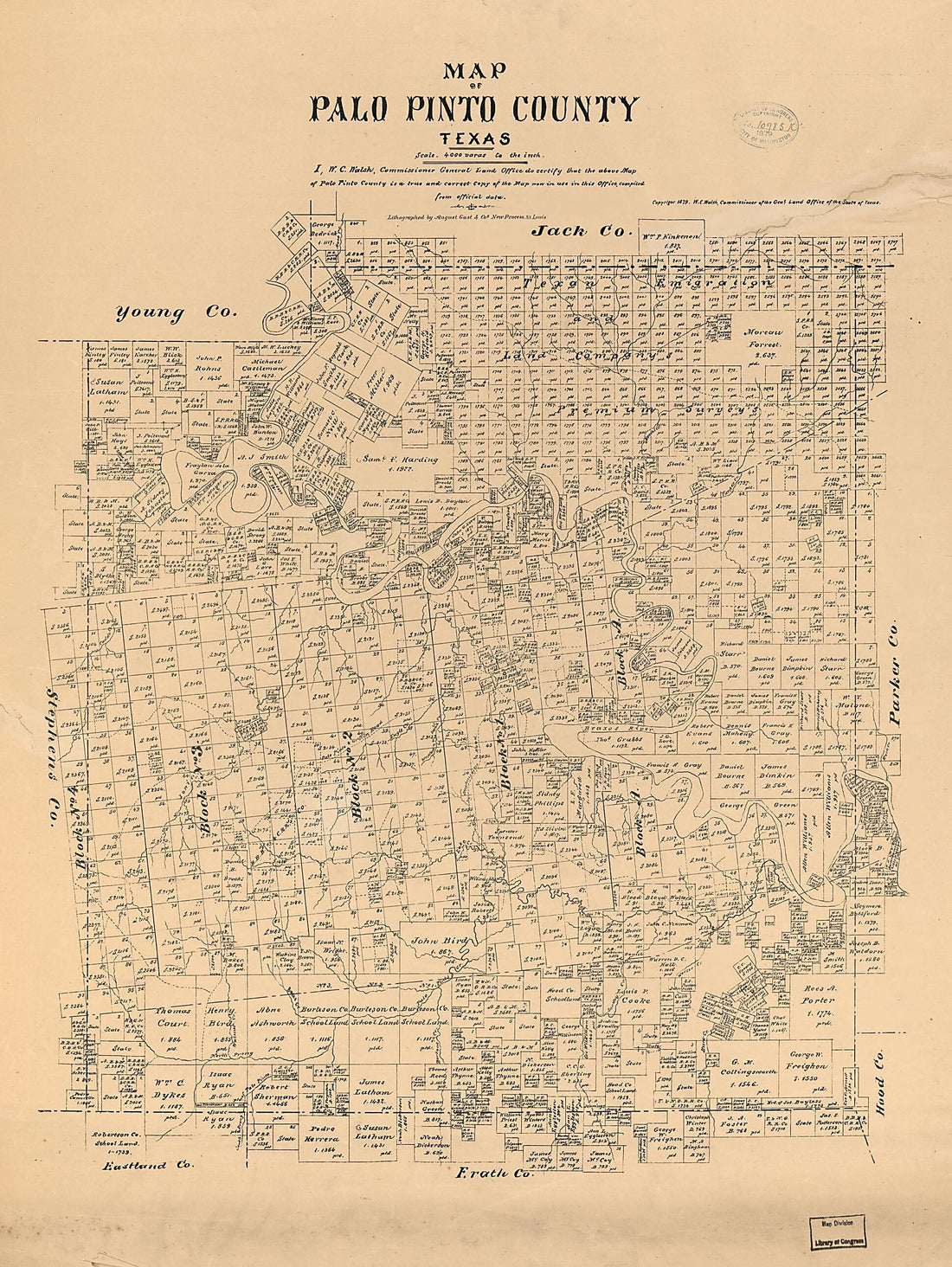 This old map of Map of Palo Pinto County, Texas from 1879 was created by August Gast & Co, Texas. General Land Office, W. C. (William C.) Walsh in 1879
