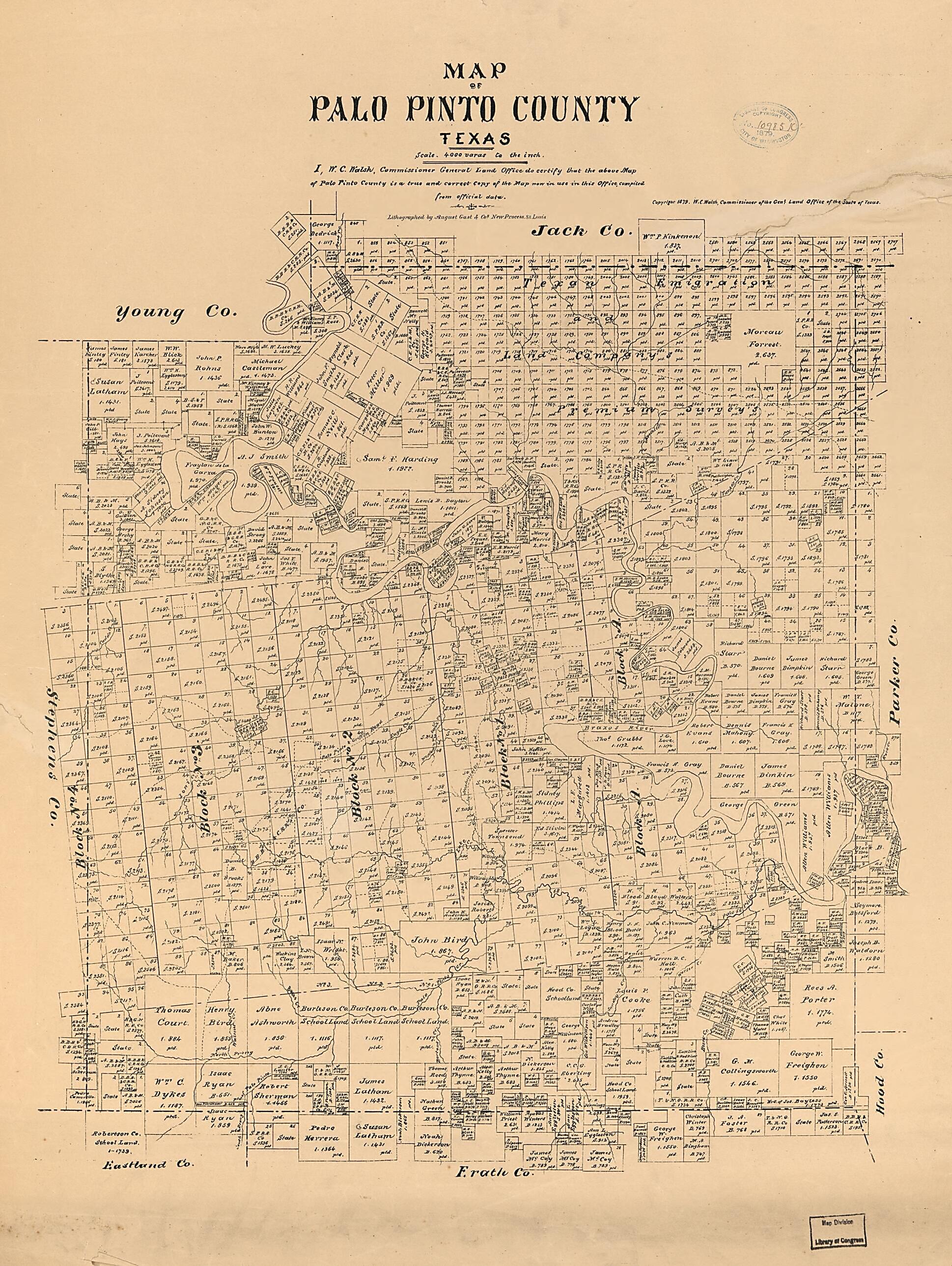 This old map of Map of Palo Pinto County, Texas from 1879 was created by August Gast & Co, Texas. General Land Office, W. C. (William C.) Walsh in 1879