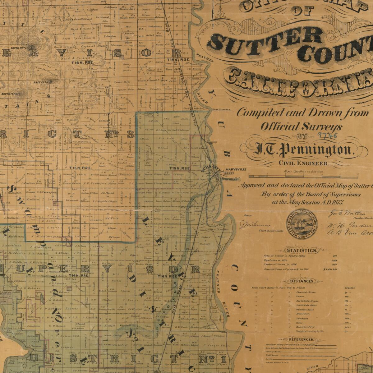 This old map of Official Map of Sutter County, California from 1873 was created by  A.L. Bancroft & Company, J. T. Pennington in 1873