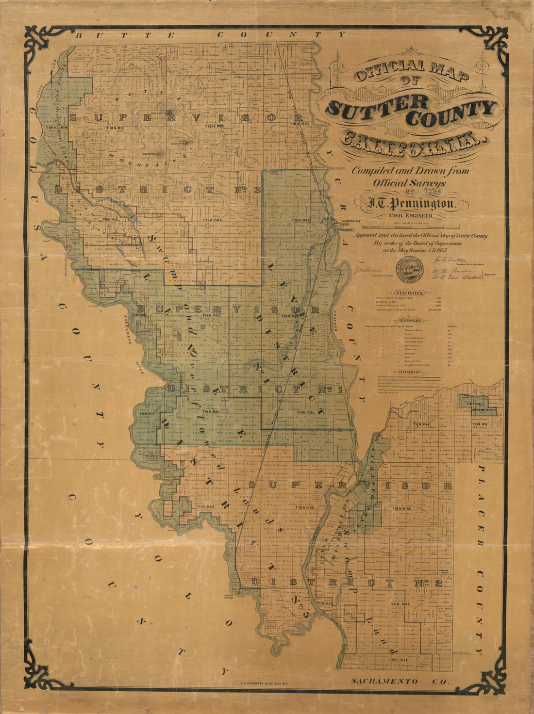 This old map of Official Map of Sutter County, California from 1873 was created by A.L. Bancroft & Company, J. T. Pennington in 1873