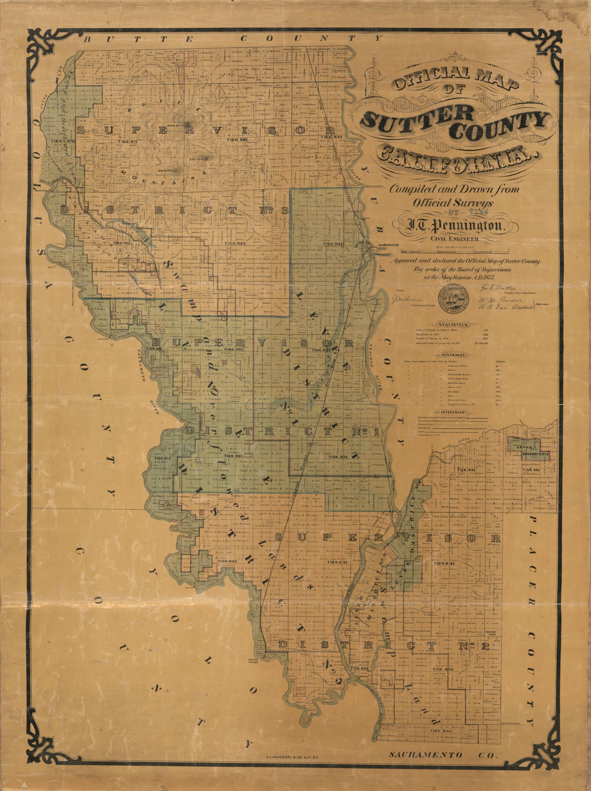 This old map of Official Map of Sutter County, California from 1873 was created by A.L. Bancroft & Company, J. T. Pennington in 1873