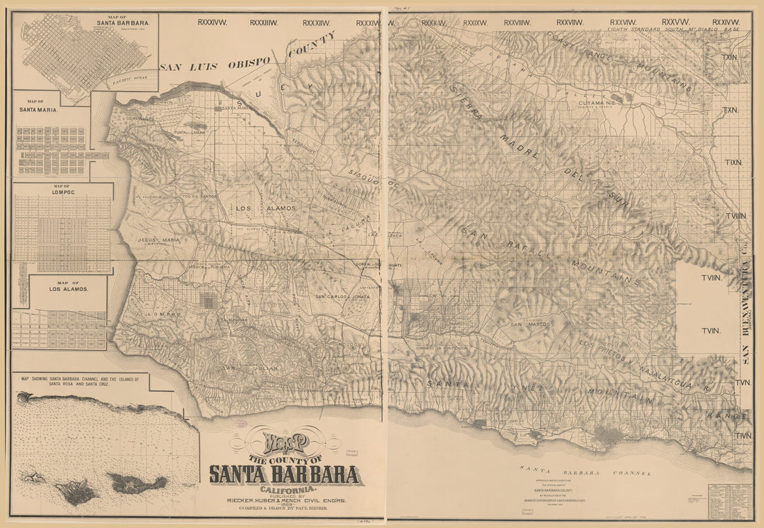 This old map of Map of the County of Santa Barbara, California from 1889 was created by H.S. Crocker & Co, Paul Riecker in 1889