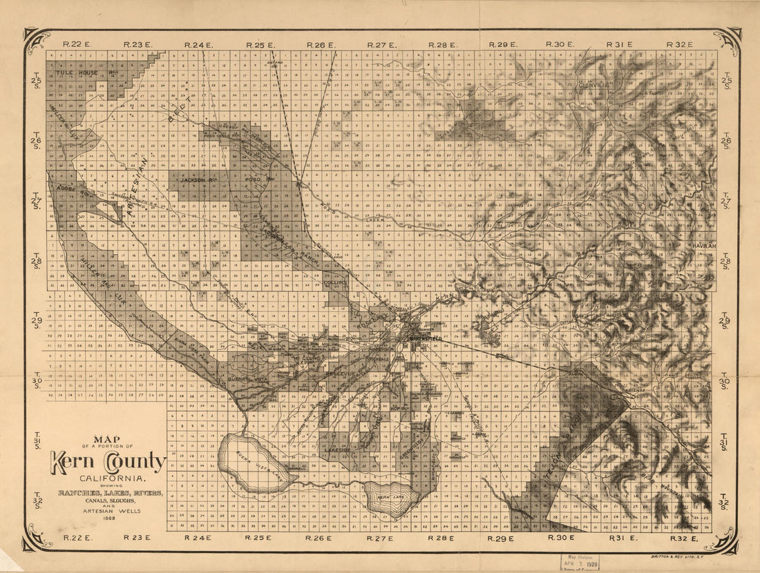 This old map of Map of a Portion of Kern County, California. : Showing Ranches, Lakes, Rivers, Canals, Sloughs, and Artesian Wells from 1888 was created by Britton & Rey in 1888