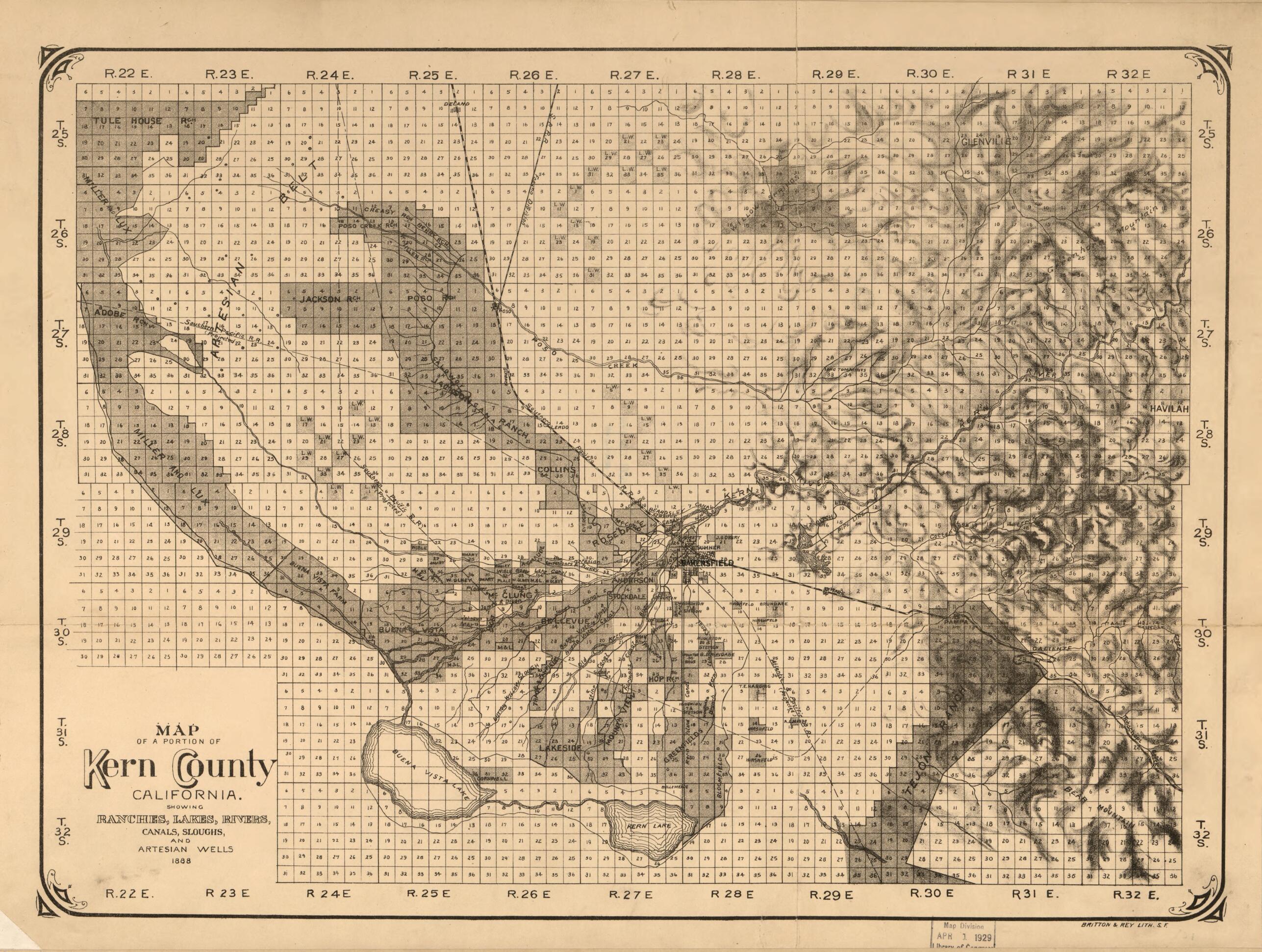 This old map of Map of a Portion of Kern County, California. : Showing Ranches, Lakes, Rivers, Canals, Sloughs, and Artesian Wells from 1888 was created by Britton & Rey in 1888