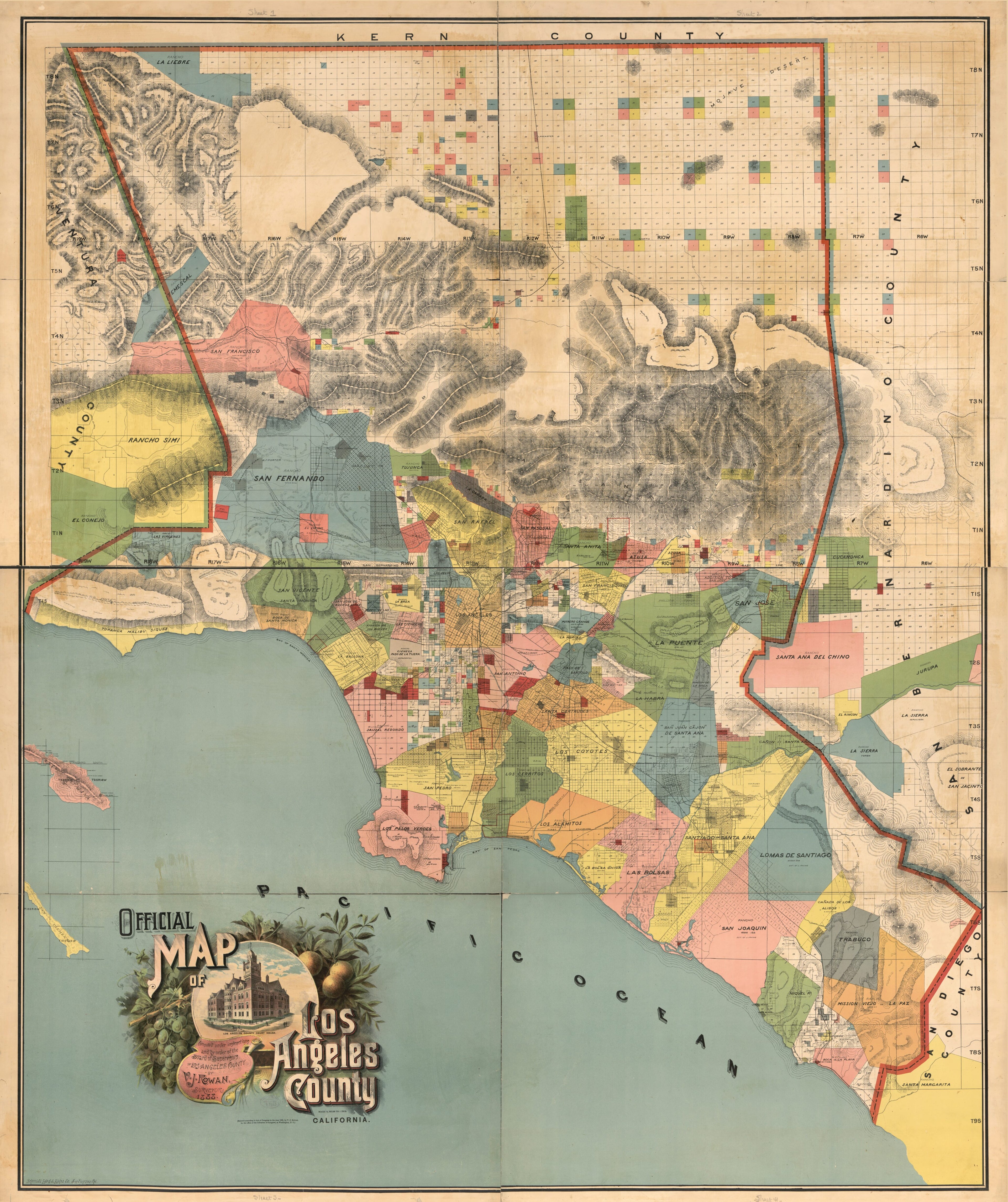 This old map of Official Map of Los Angeles County, California : Compiled Under Instructions and by the Order of the Board of Supervisors of Los Angeles County from 1888 was created by V. J. (Valentine James) Rowan,  Schmidt Label & Litho. Co in 1888