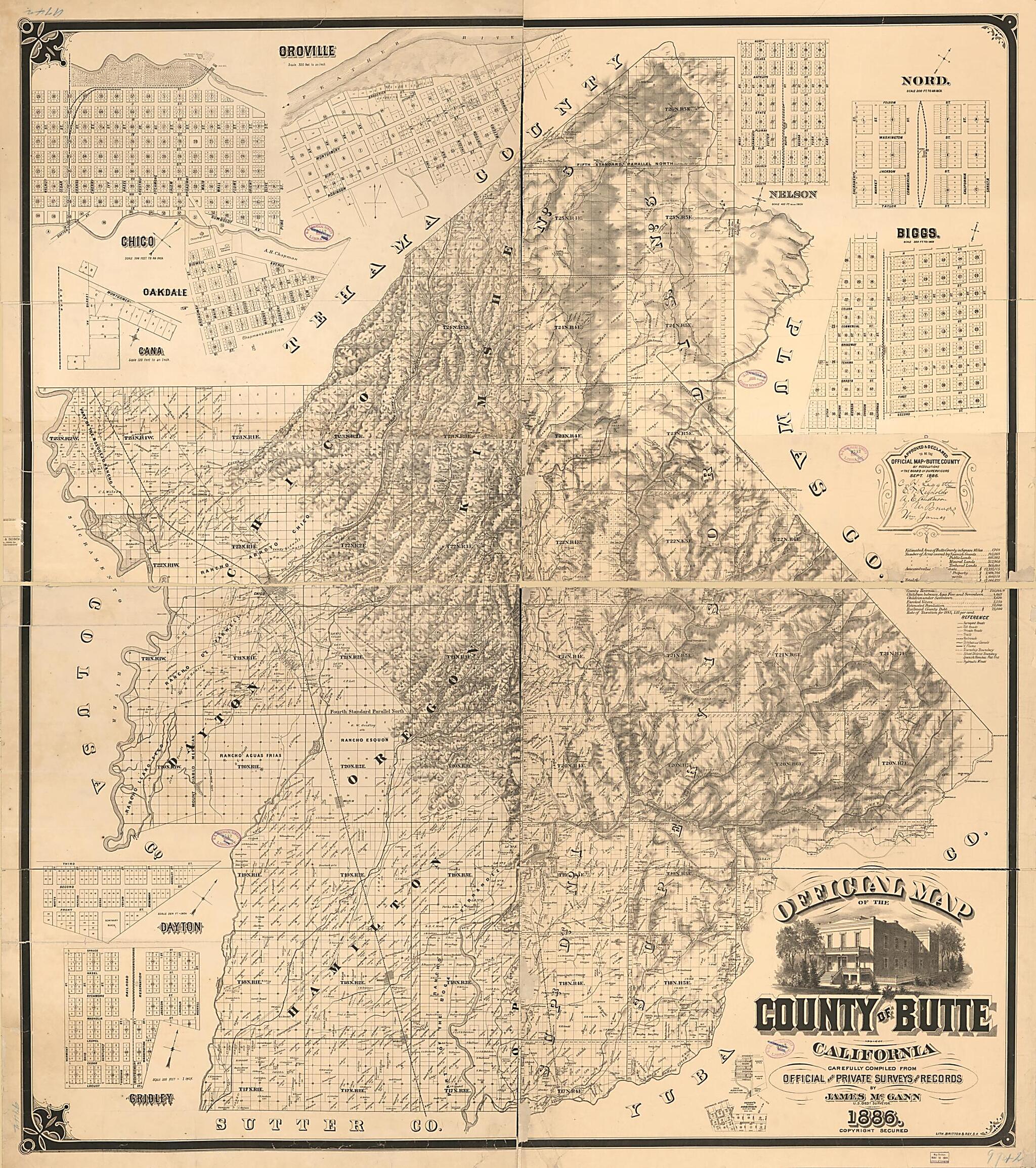 This old map of Official Map of the County of Butte, California : Carefully Compiled from Official and Private Surveys and Records from 1886 was created by Britton & Rey, James McGann in 1886