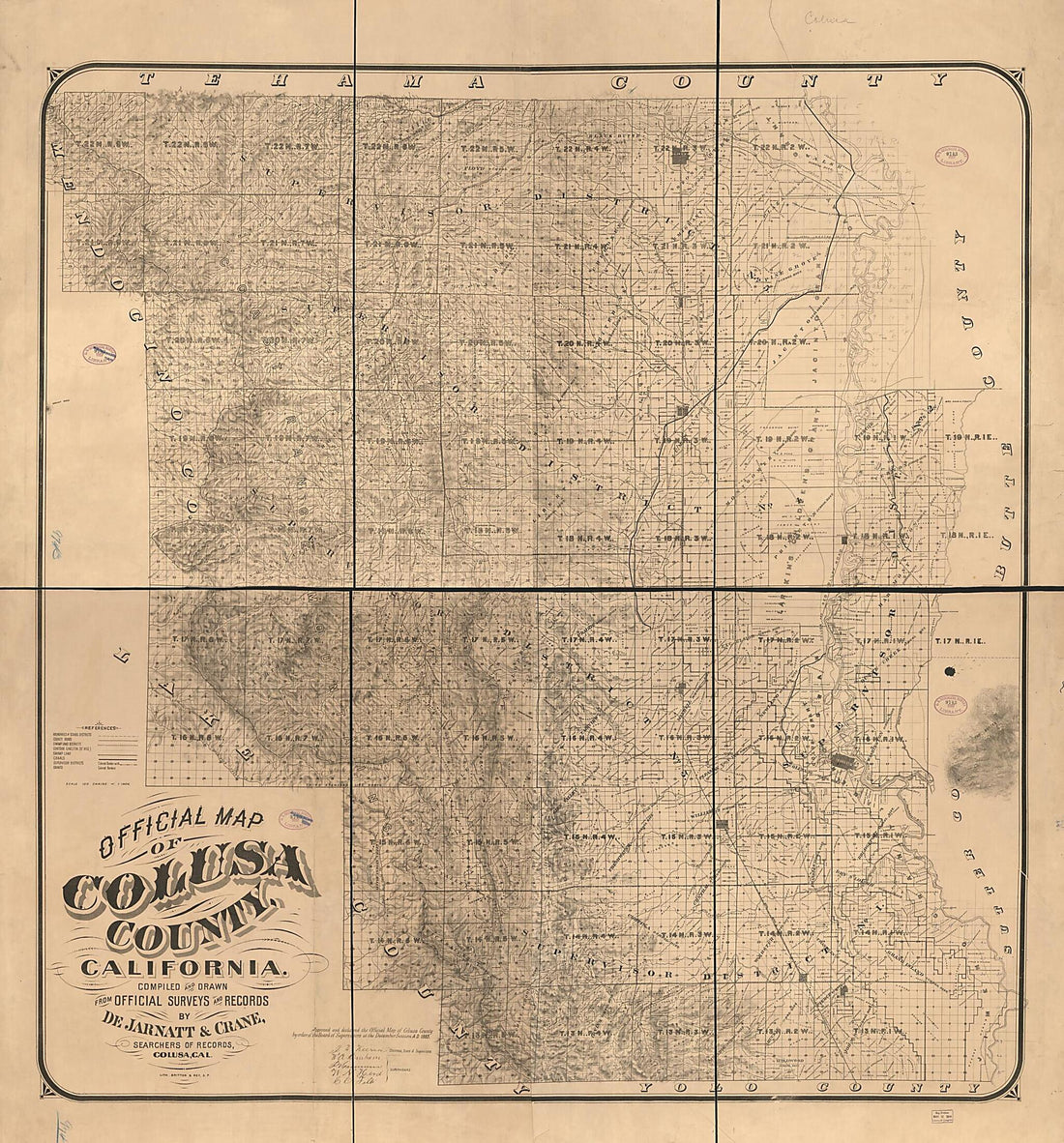 This old map of Official Map of Colusa County, California. : Compiled and Drawn from Official Surveys and Records from 1885 was created by Britton & Rey, De Jarnatt & Crane in 1885
