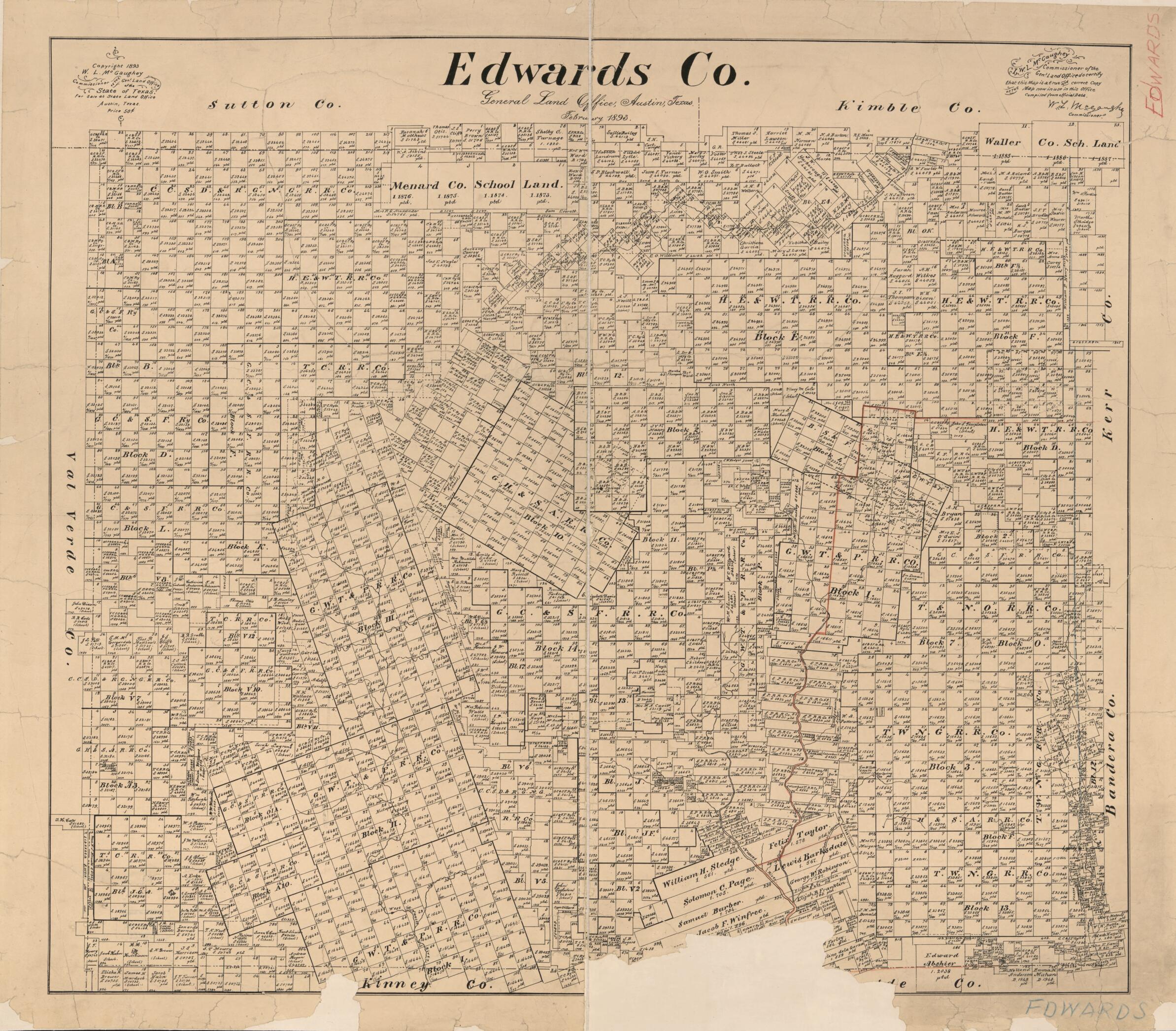 This old map of Edwards Co. (Edwards County, Texas) from 1893 was created by W. L. McGaughey, Texas. General Land Office in 1893