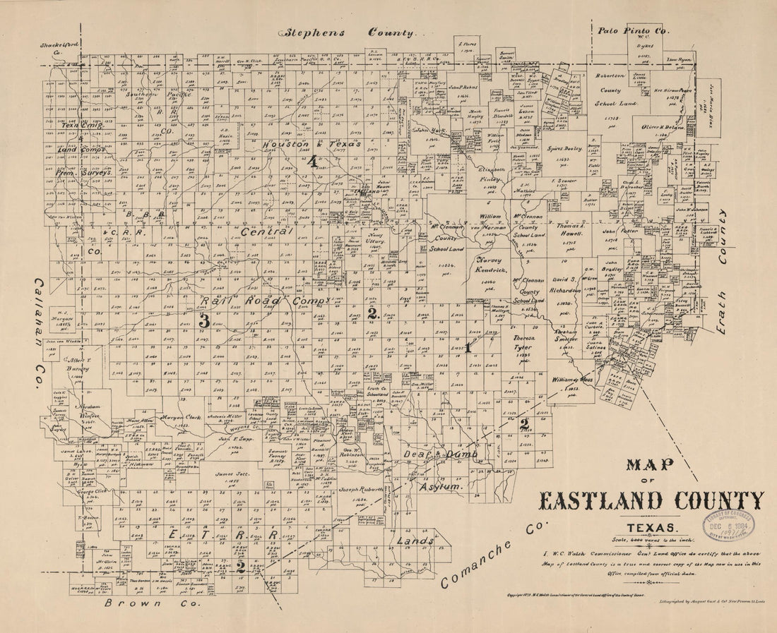 This old map of Map of Eastland County, Texas from 1879 was created by August Gast & Co, Texas. General Land Office, W. C. (William C.) Walsh in 1879