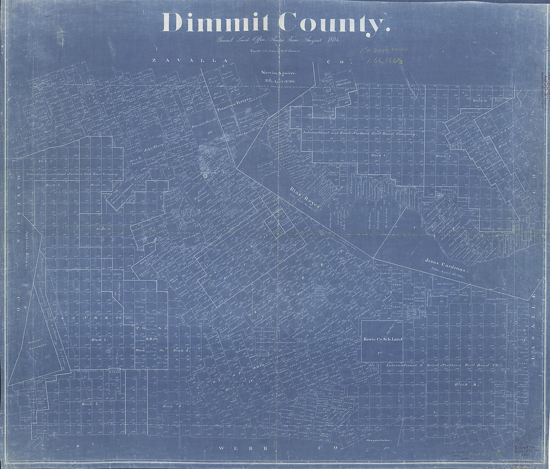 This old map of Dimmit County from 1894 was created by G. N. Beaumont, Texas. General Land Office in 1894